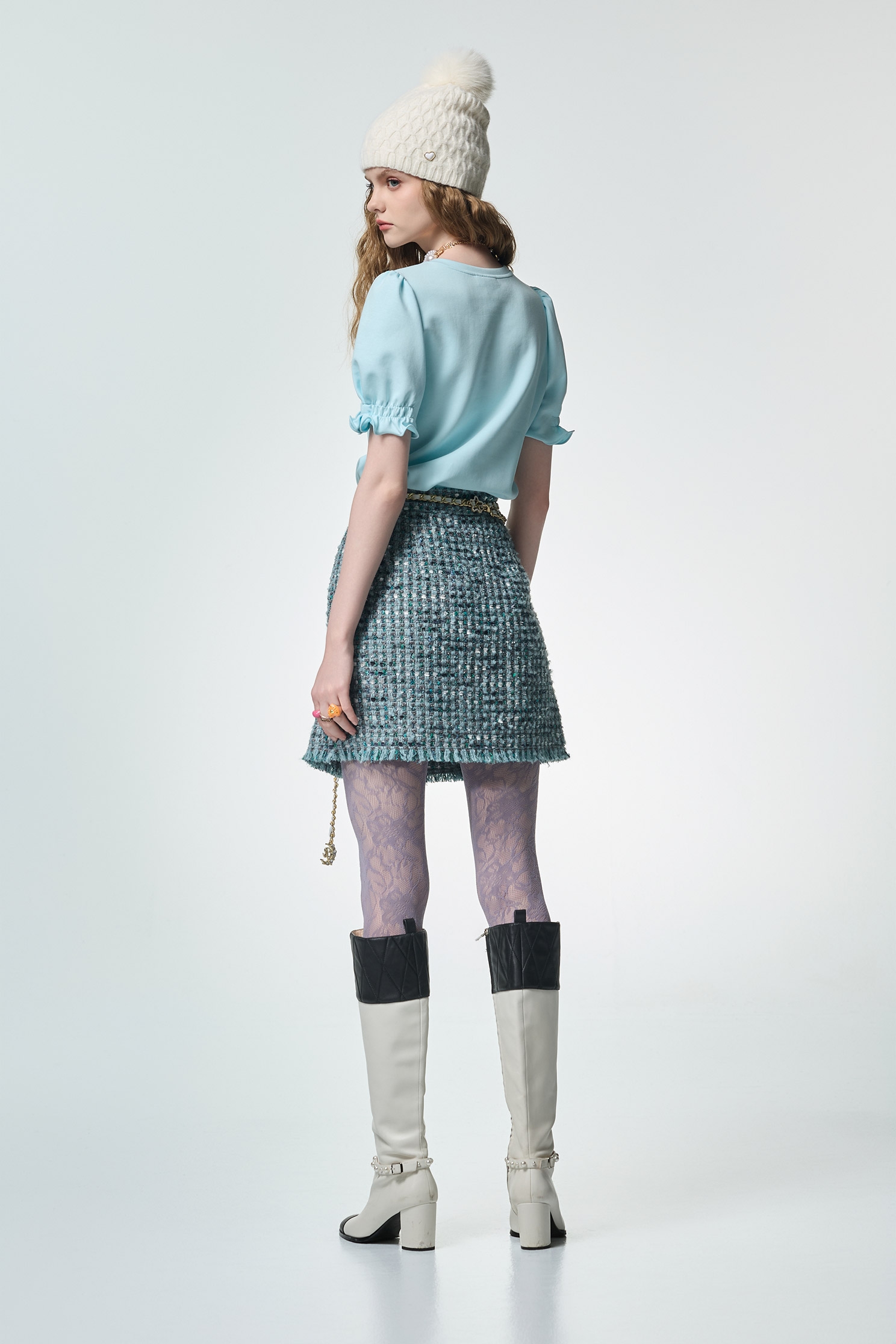 海藍寶石花呢紗短裙海藍寶石花呢紗短裙,時髦成套搭配,派對特輯,短裙,秋冬穿搭