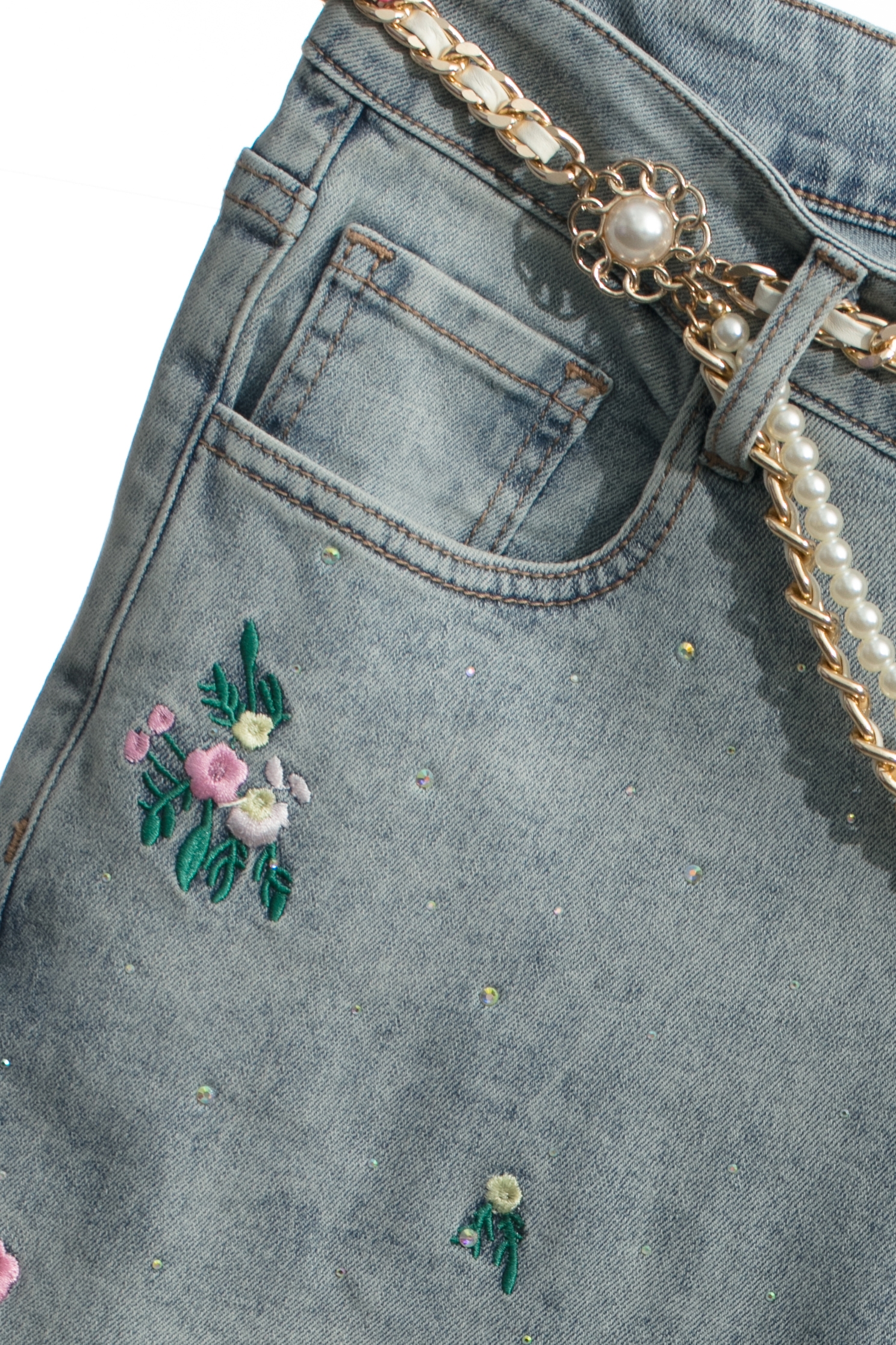 花朵刺繡閃亮牛仔寬褲花朵刺繡閃亮牛仔寬褲,刺繡,小香風,牛仔,牛仔褲,秋冬穿搭,褲子