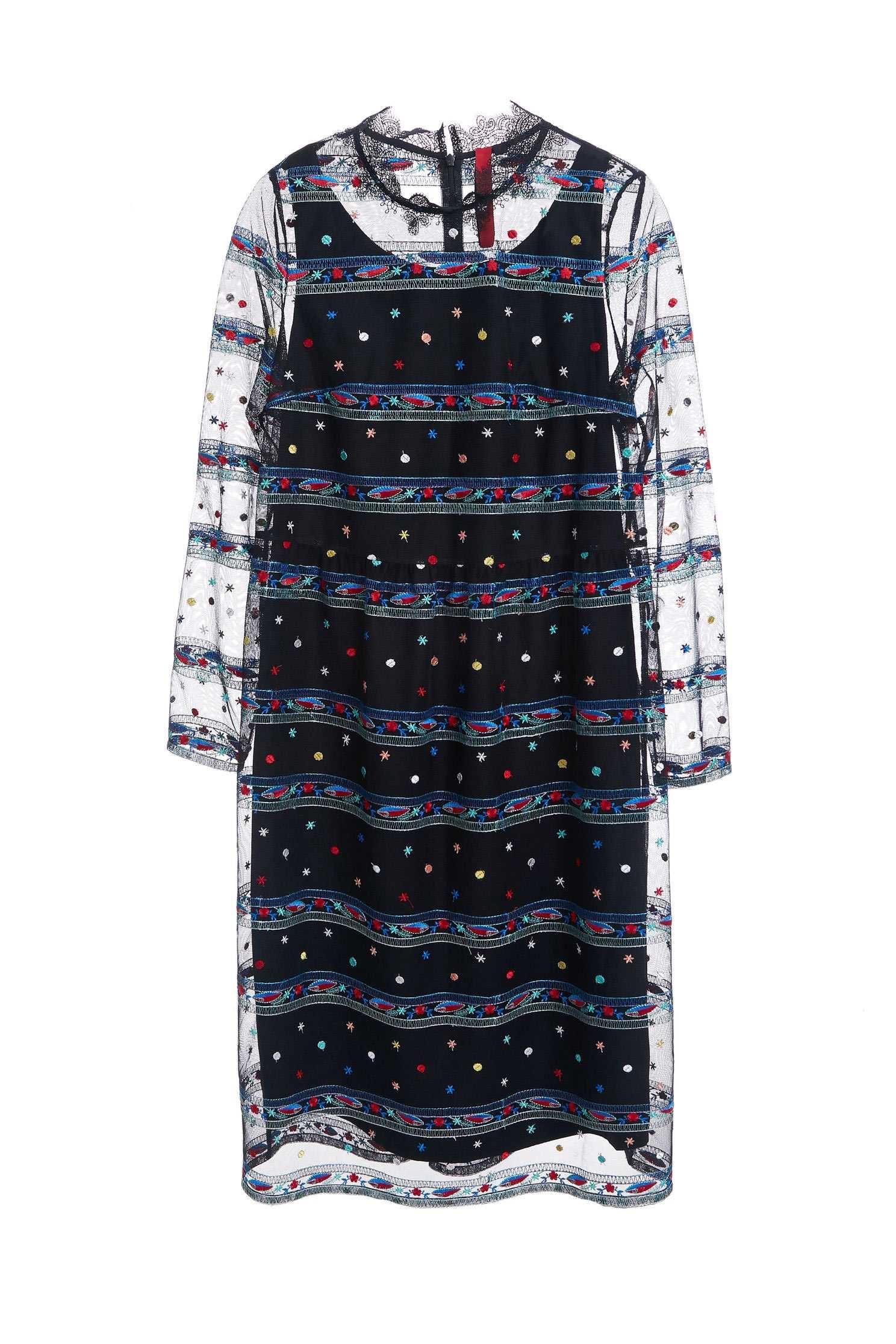 Embroidered street net yarn dress,Dress,embroidery,刺繡洋裝,Mesh,embroidered,透膚洋裝,長袖洋裝
