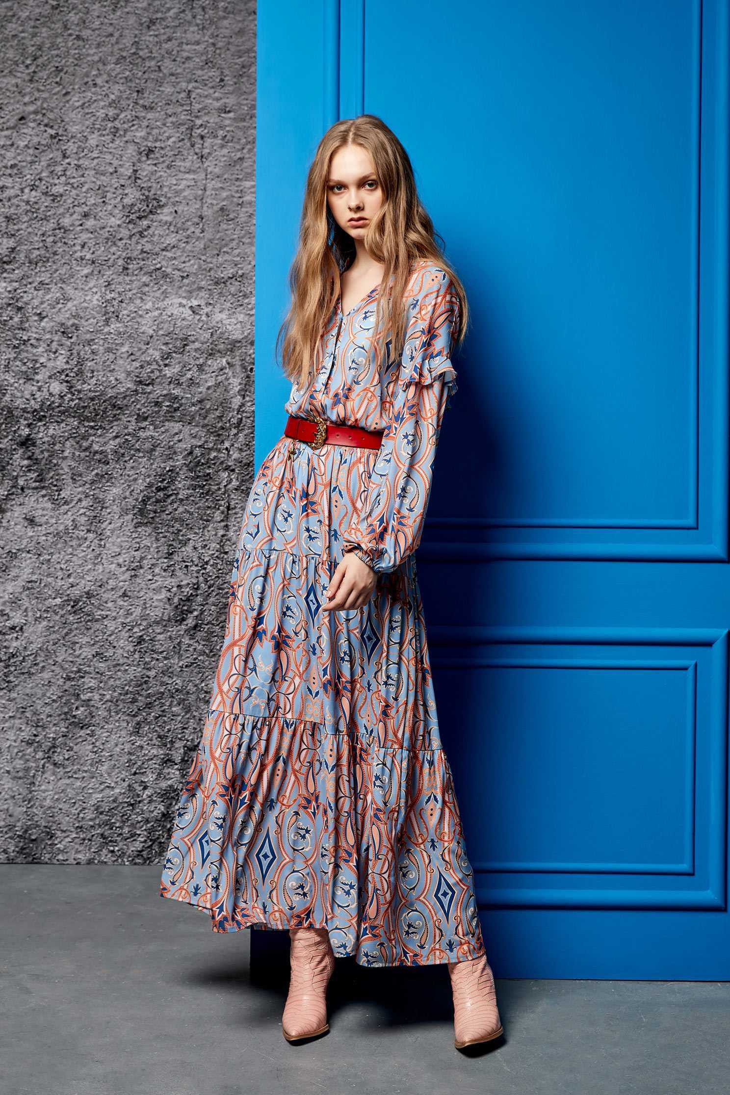 Printed street soft dress,v-neckdress,dress,printeddress,longdress,longsleevedress