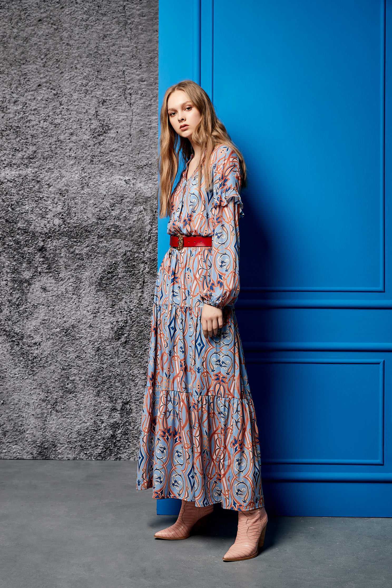 Printed street soft dress,v-neckdress,dress,printeddress,longdress,longsleevedress