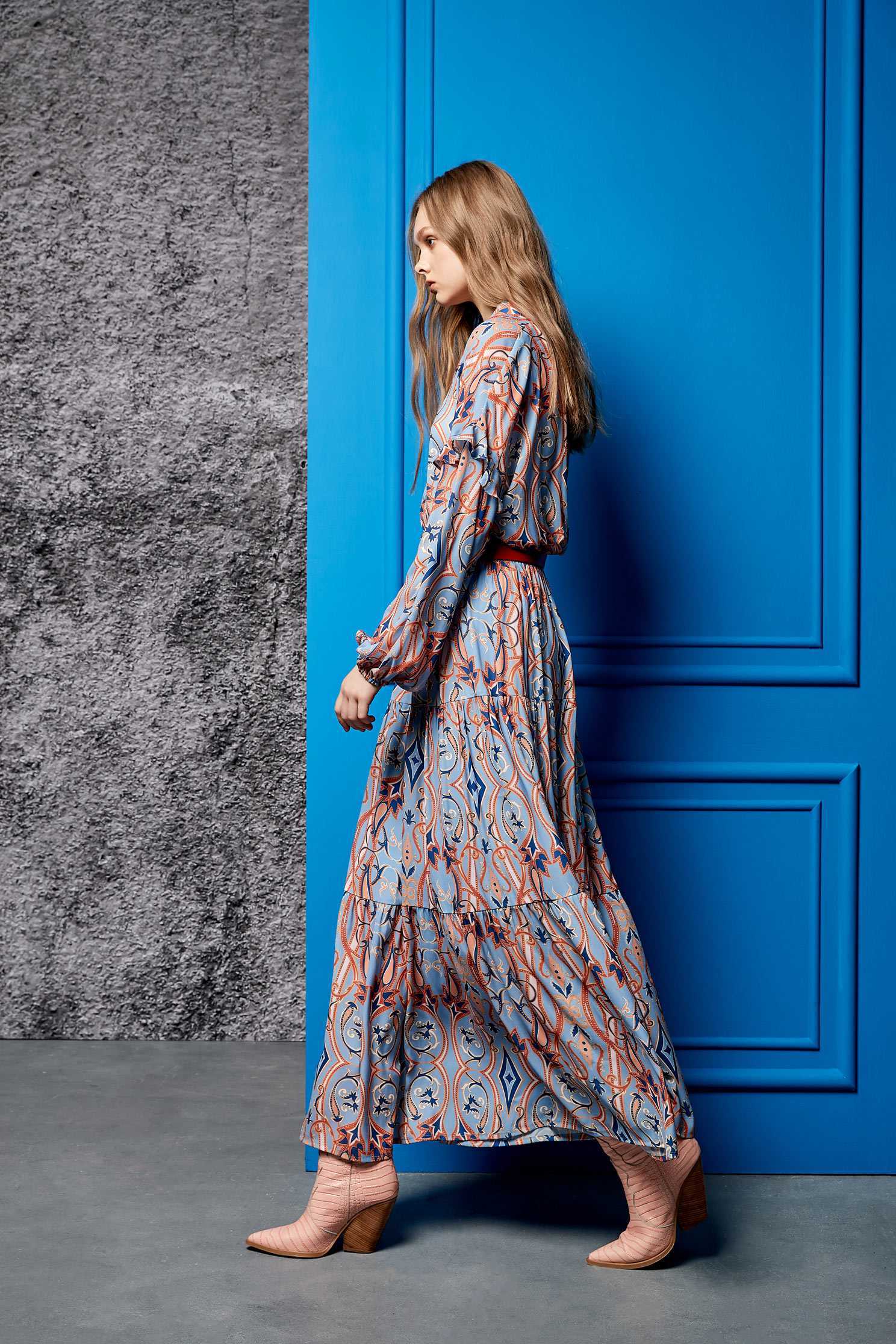 Printed street soft dress,v-neckdress,dress,printeddress,longdress,longsleevedress