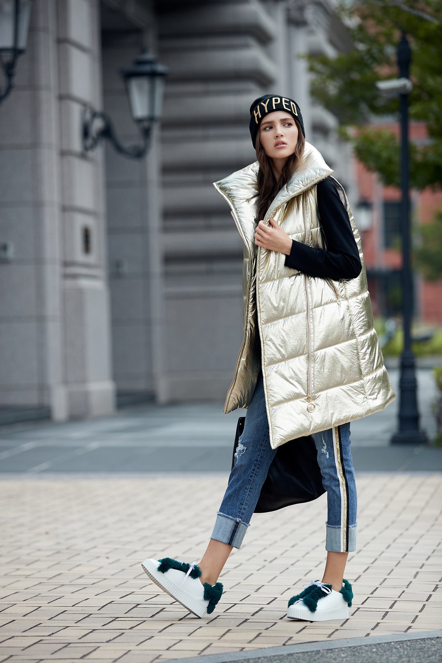metallic puffer vest,vest
