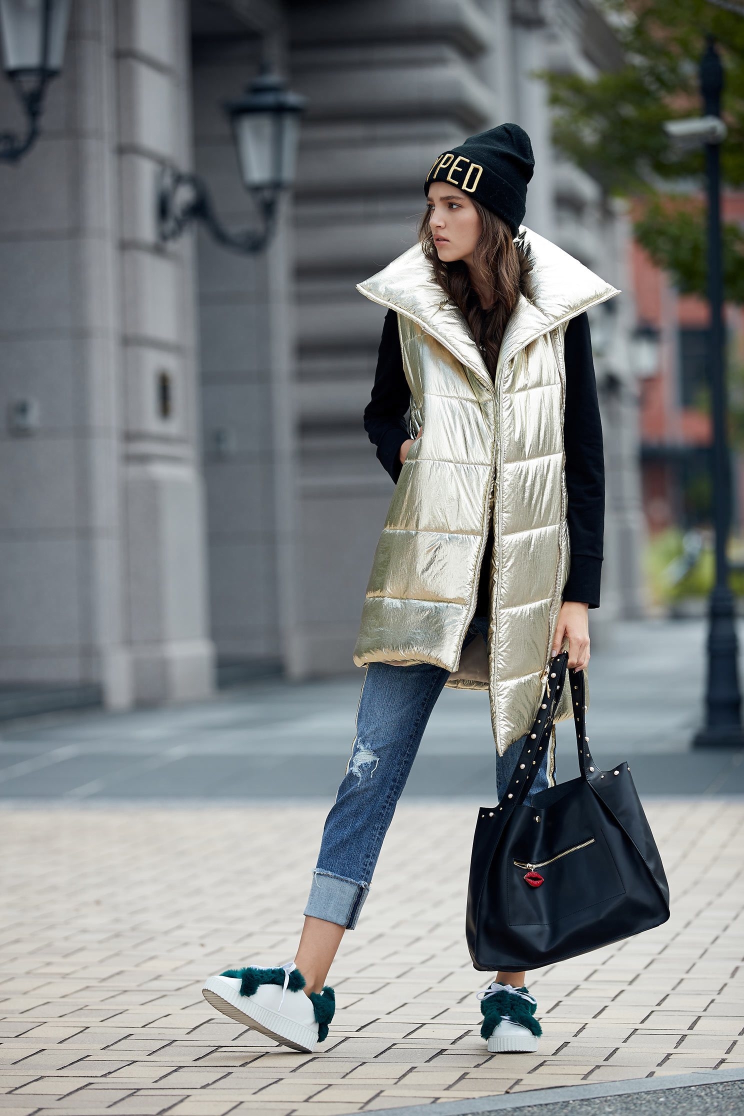 metallic puffer vest,vest