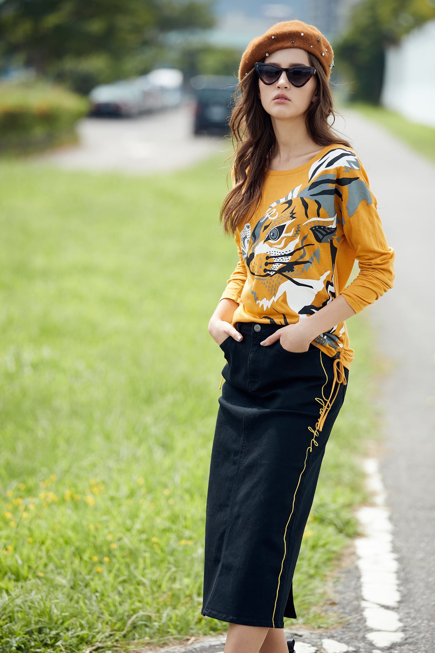 tiger head with drawstring Side long sleeves tops,t-shirt,top,longsleevetop