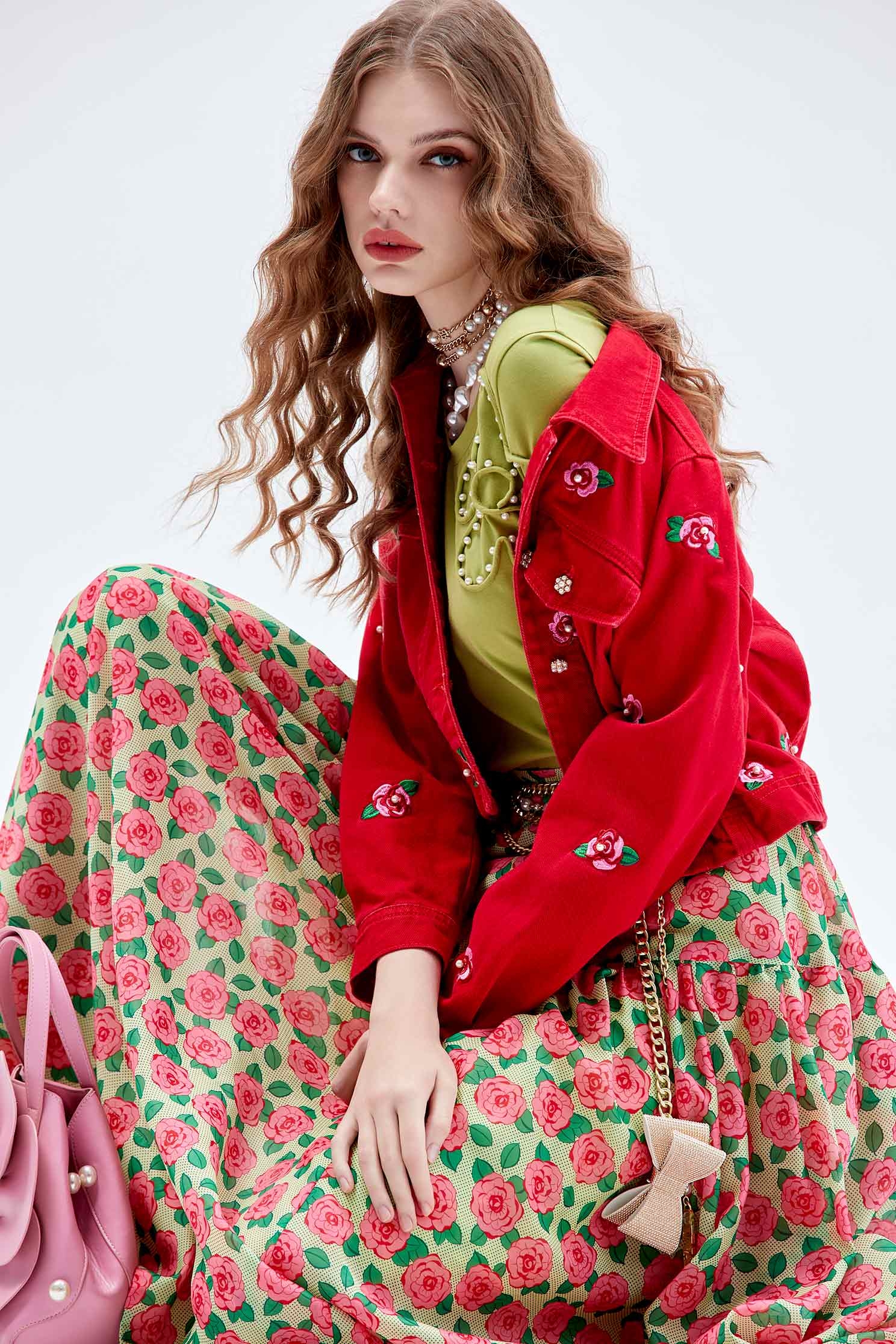 青蘋果花朵T恤上衣青蘋果花朵T恤上衣,上衣,珍珠,秋冬穿搭