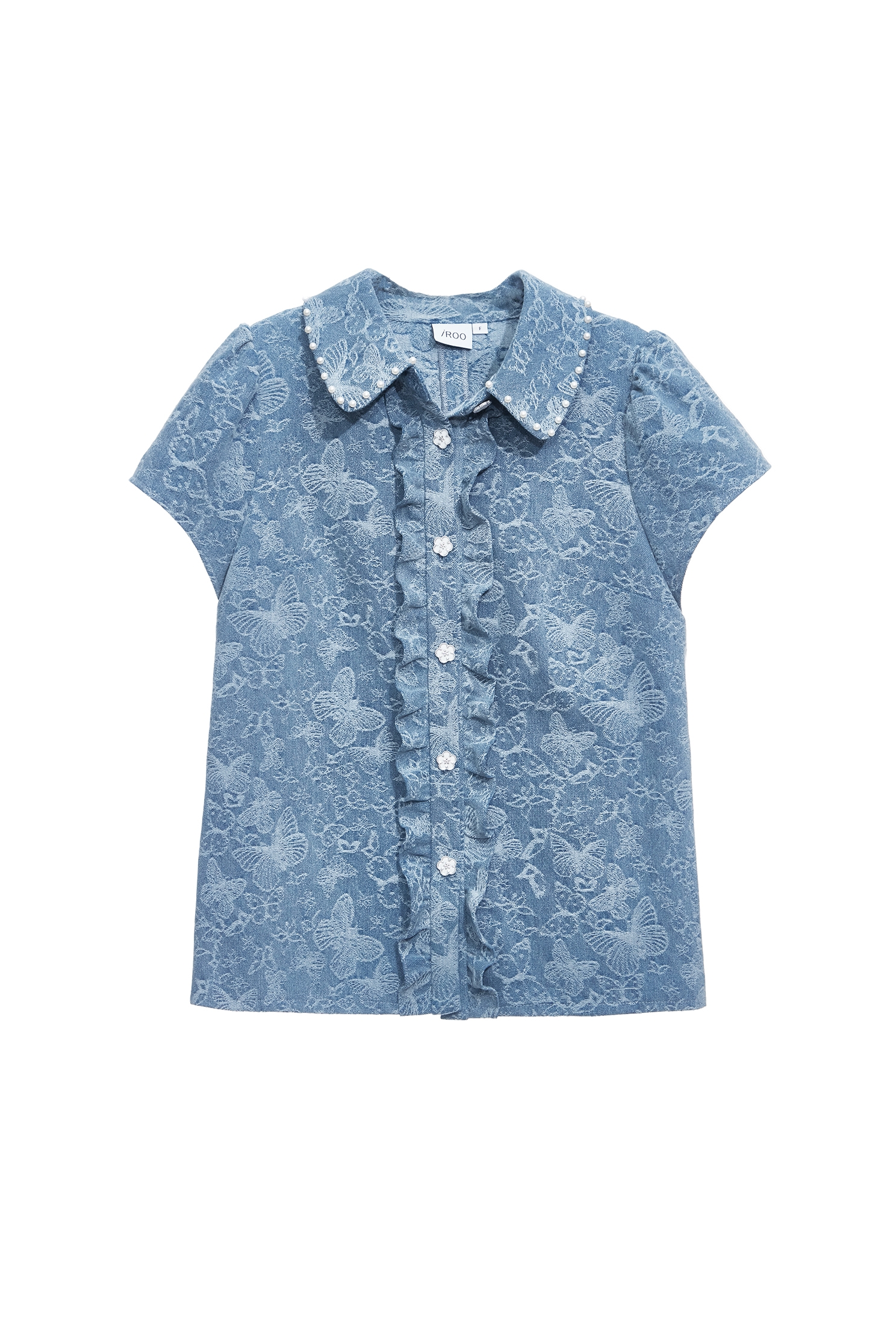 蝴蝶圖騰褆花牛仔上衣蝴蝶圖騰褆花牛仔上衣,上班OL穿搭,上衣,丹寧,人氣商品,春夏穿搭,牛仔,珍珠,約會特輯,繡花,荷葉,襯衫