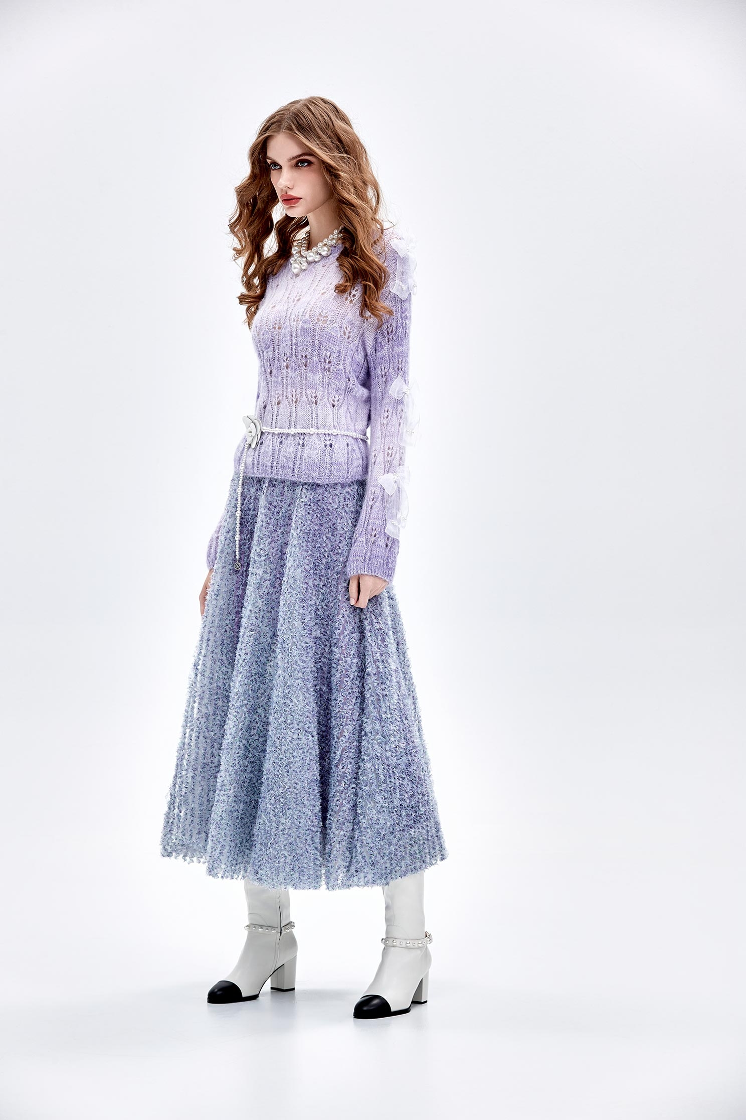 輕柔薰衣草色漸層針織上衣輕柔薰衣草色漸層針織上衣,上衣,人氣商品,珍珠,秋冬穿搭,蝴蝶結,針織,針織衫