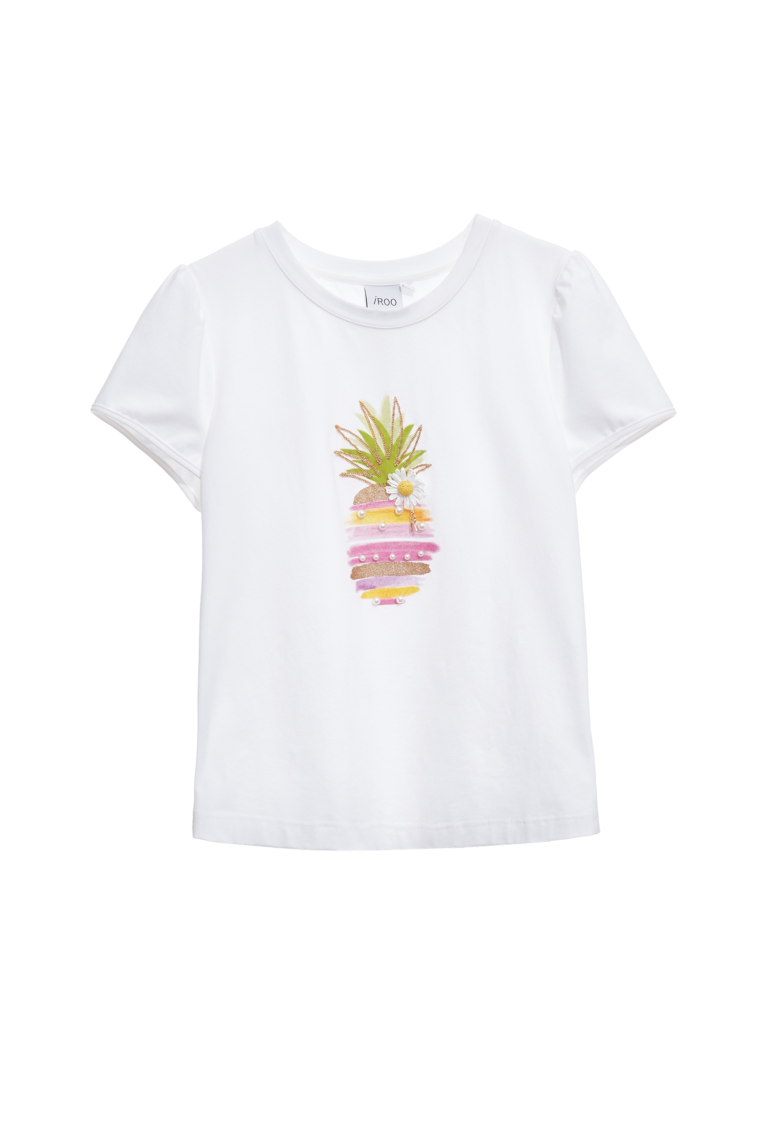 鑲金色鍊飾鳳梨印花T恤上衣鑲金色鍊飾鳳梨印花T恤上衣,T-Shirt,上衣,春夏穿搭,珍珠,白色上衣