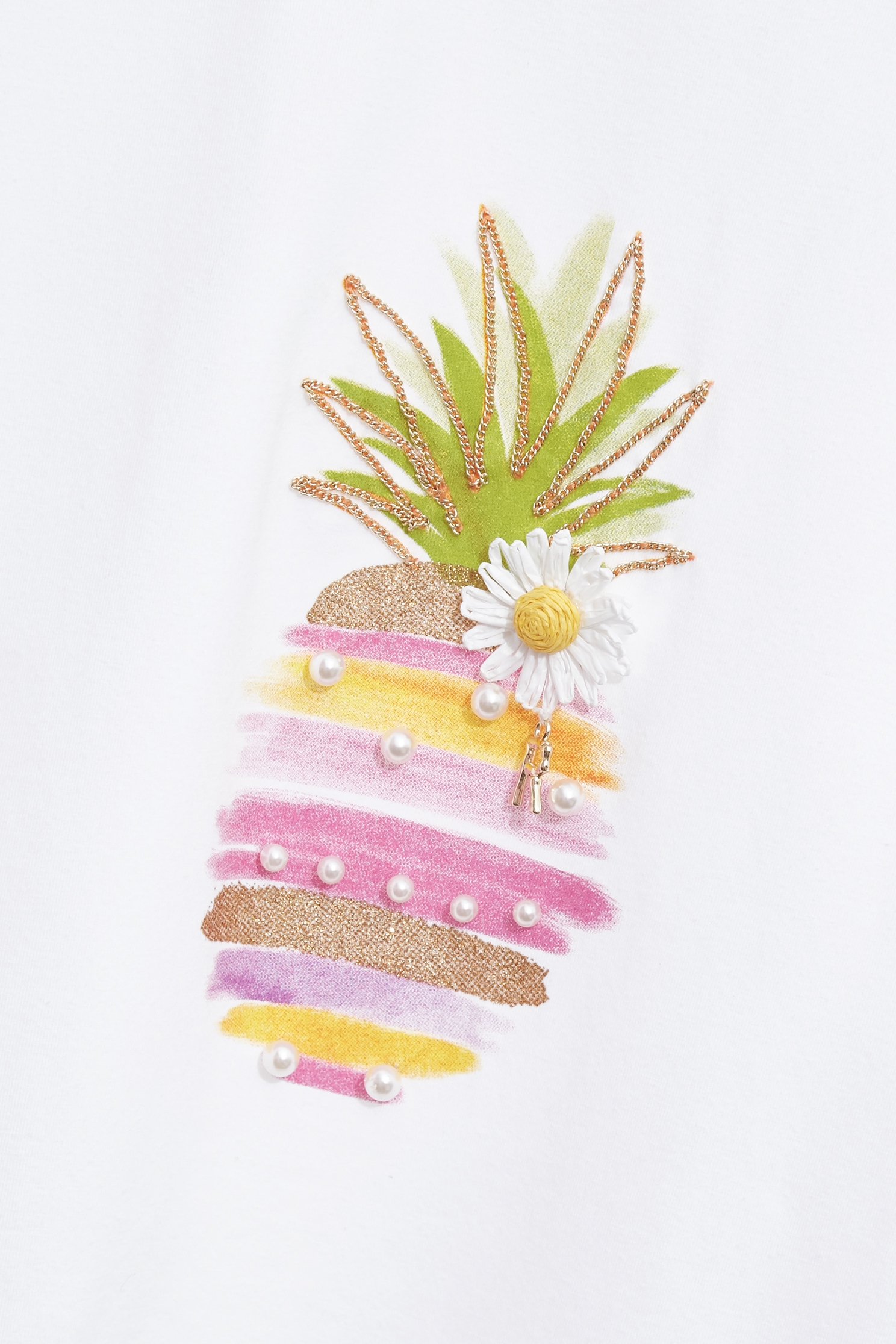鑲金色鍊飾鳳梨印花T恤上衣鑲金色鍊飾鳳梨印花T恤上衣,T-Shirt,上衣,春夏穿搭,珍珠,白色上衣