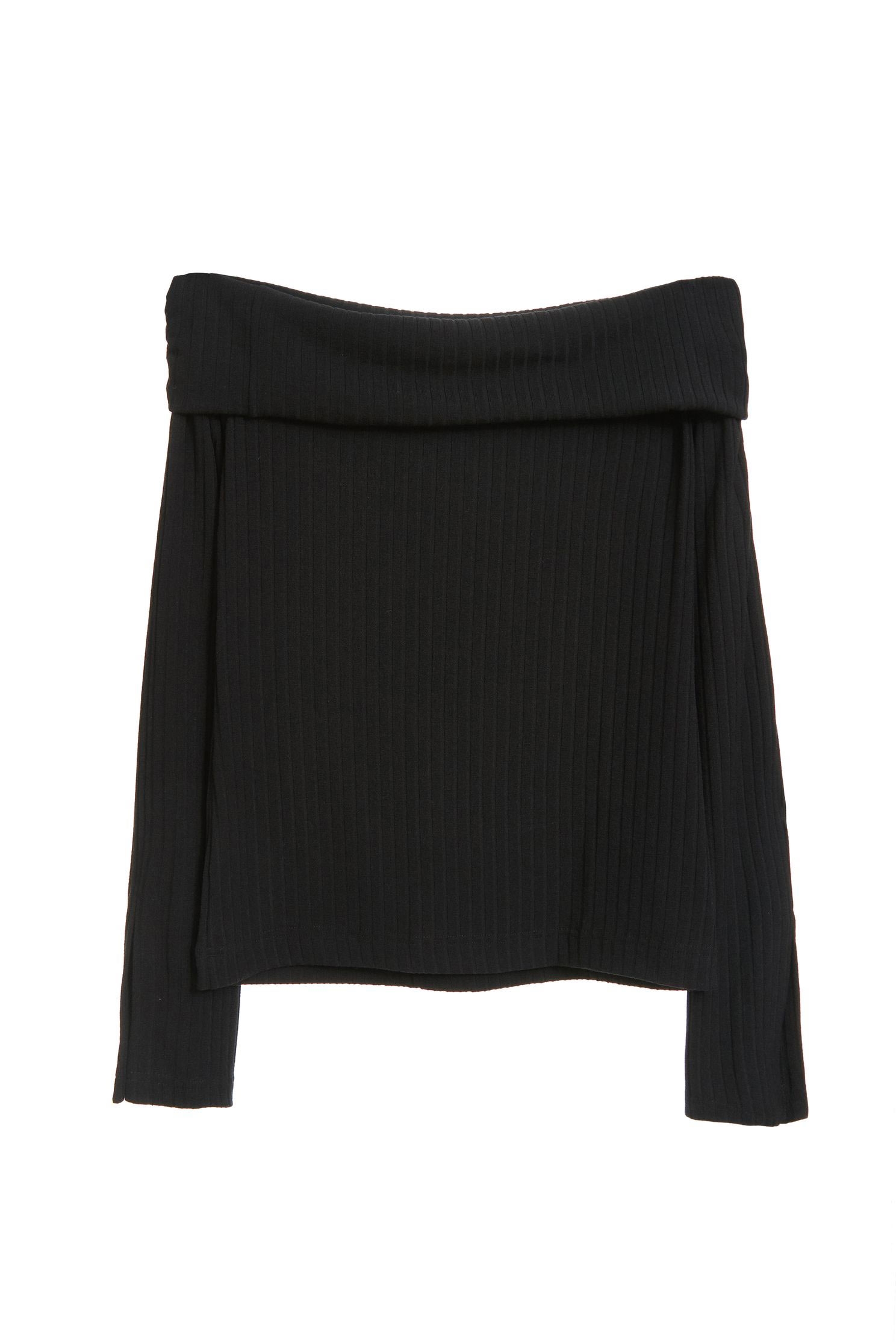 Lapel long-sleeved T-shirt,T-Shirt,T恤,Off shoulder Top,Top,Off Shoulder Top,長袖上衣,黑色上衣