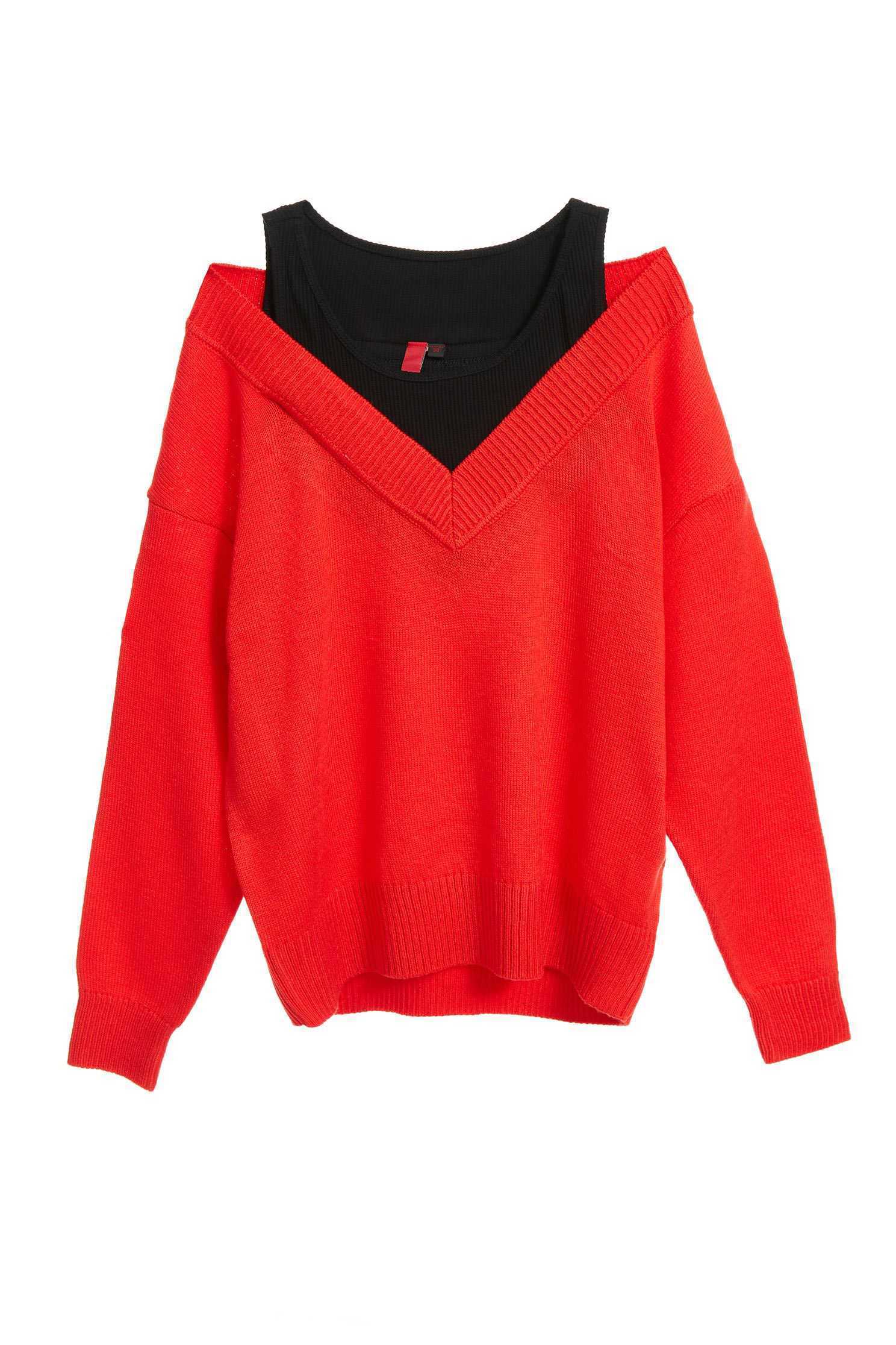 COMBINED KNIT SWEATER,shouldercuttop,knitting,knittedtop,knittedtop,longsleevetop