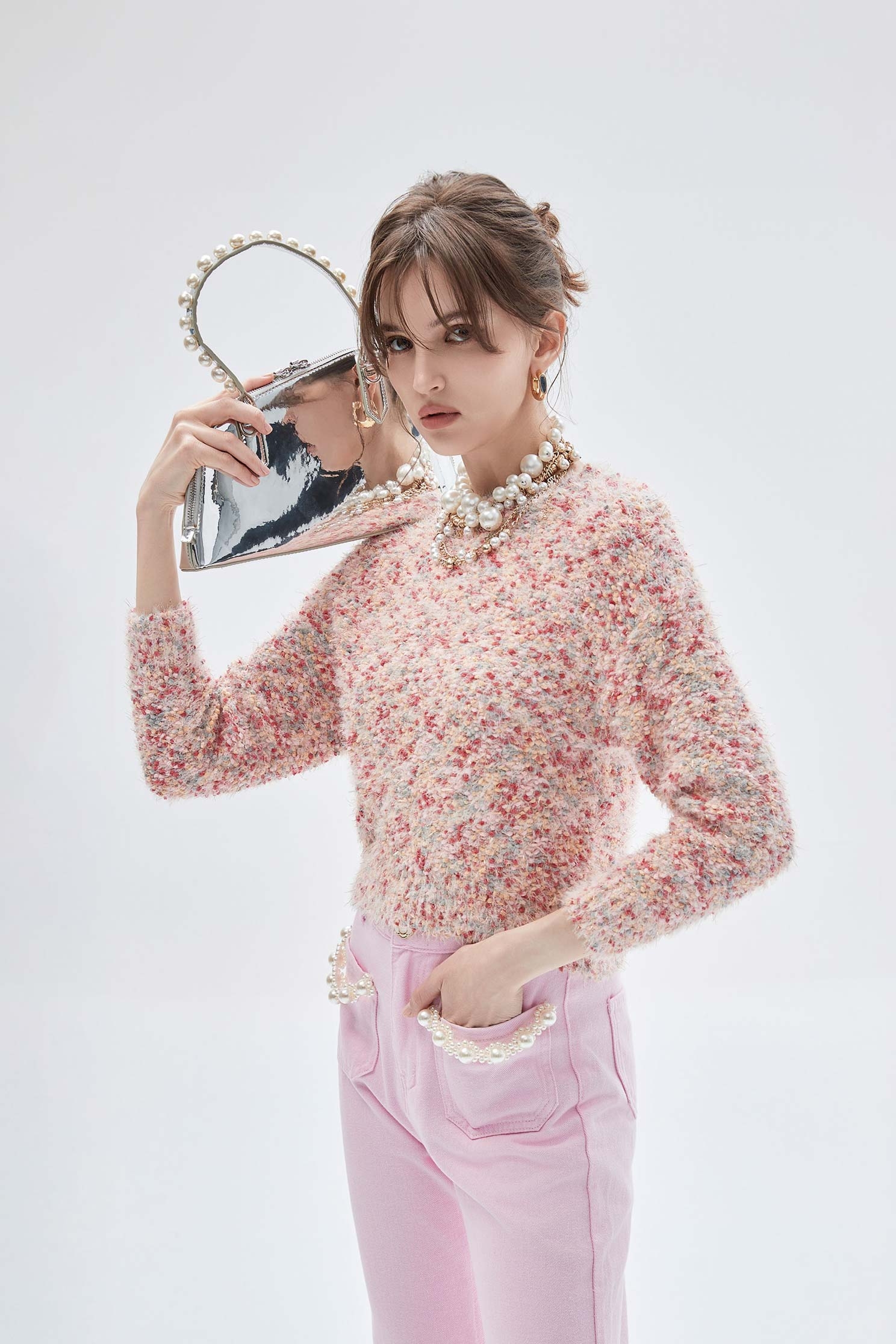 玫瑰花蕾色偽花呢紗針織上衣玫瑰花蕾色偽花呢紗針織上衣,上衣,人氣商品,春夏穿搭,約會特輯,針織,針織衫