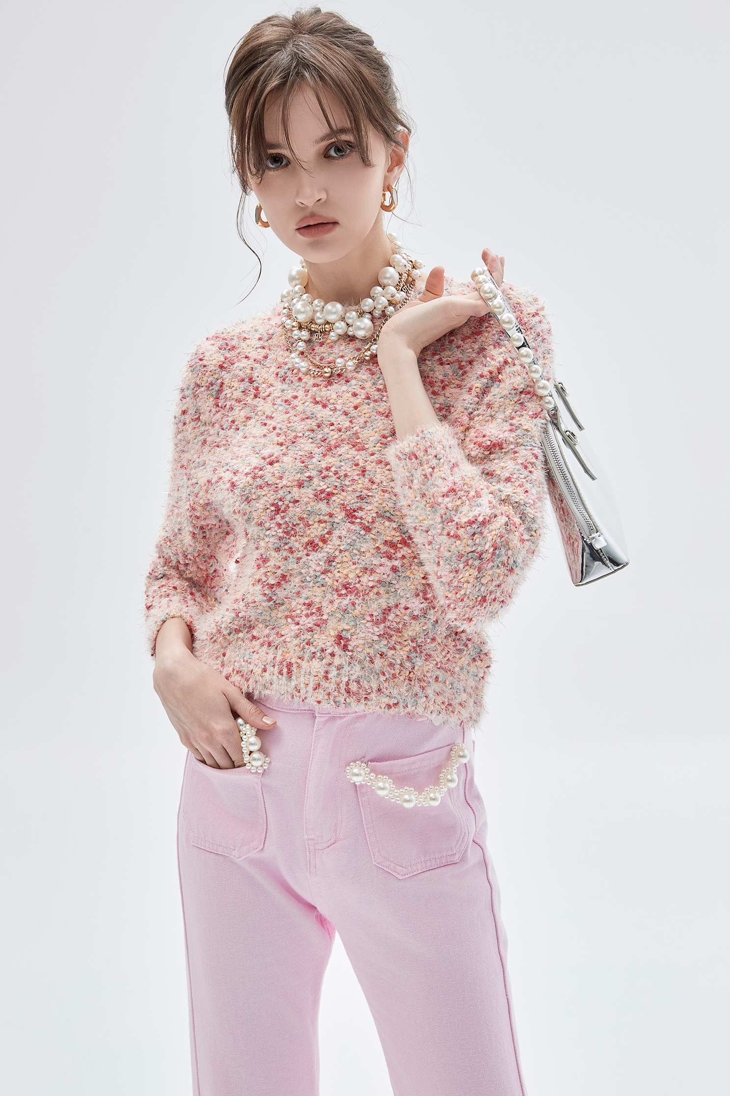 玫瑰花蕾色偽花呢紗針織上衣玫瑰花蕾色偽花呢紗針織上衣,上衣,人氣商品,春夏穿搭,約會特輯,針織,針織衫