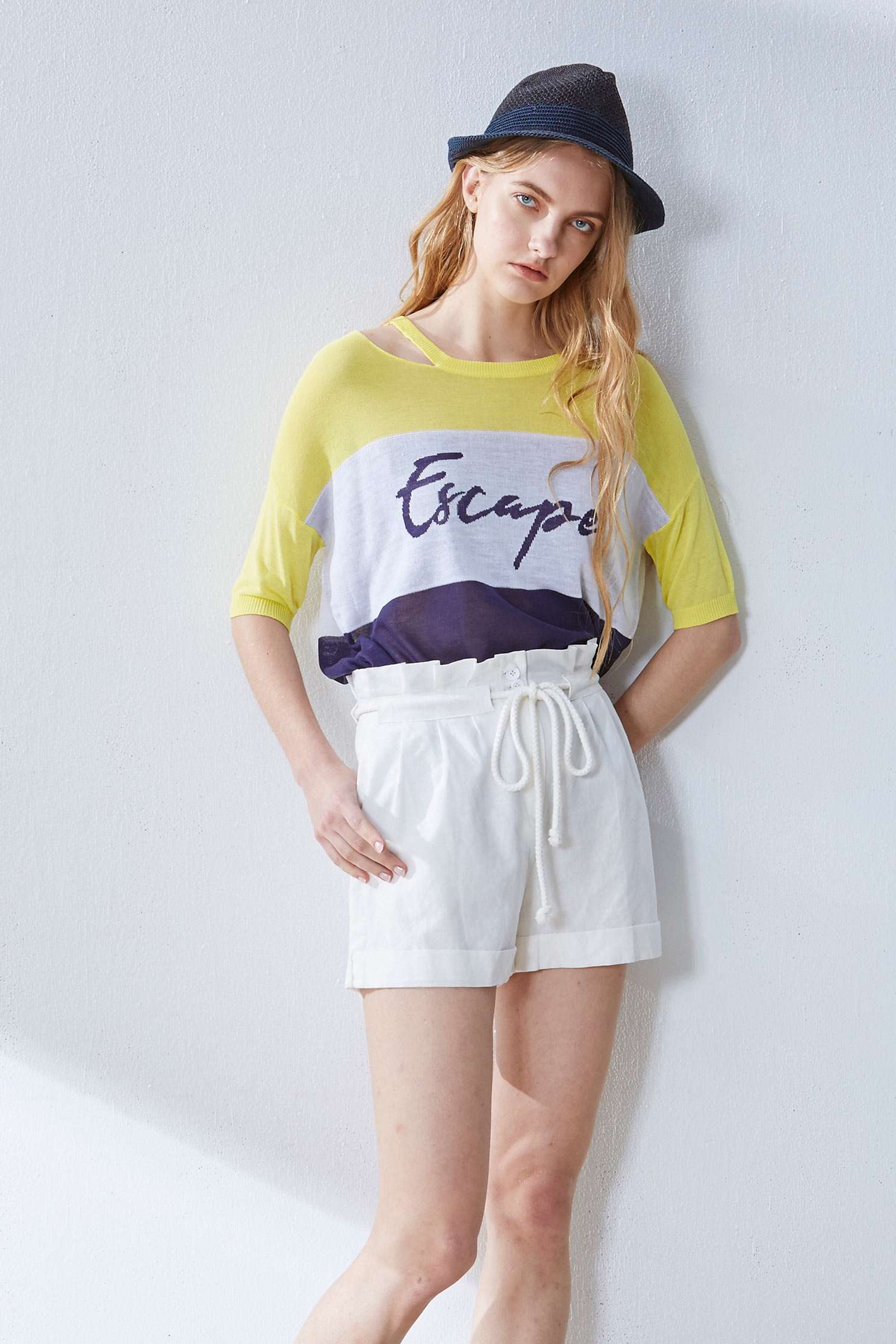 Contrast popular knit top,top,elbowsleevetop,roundnecktop,shortsleevetop,i-select,knitting,knittedtop,knittedtop