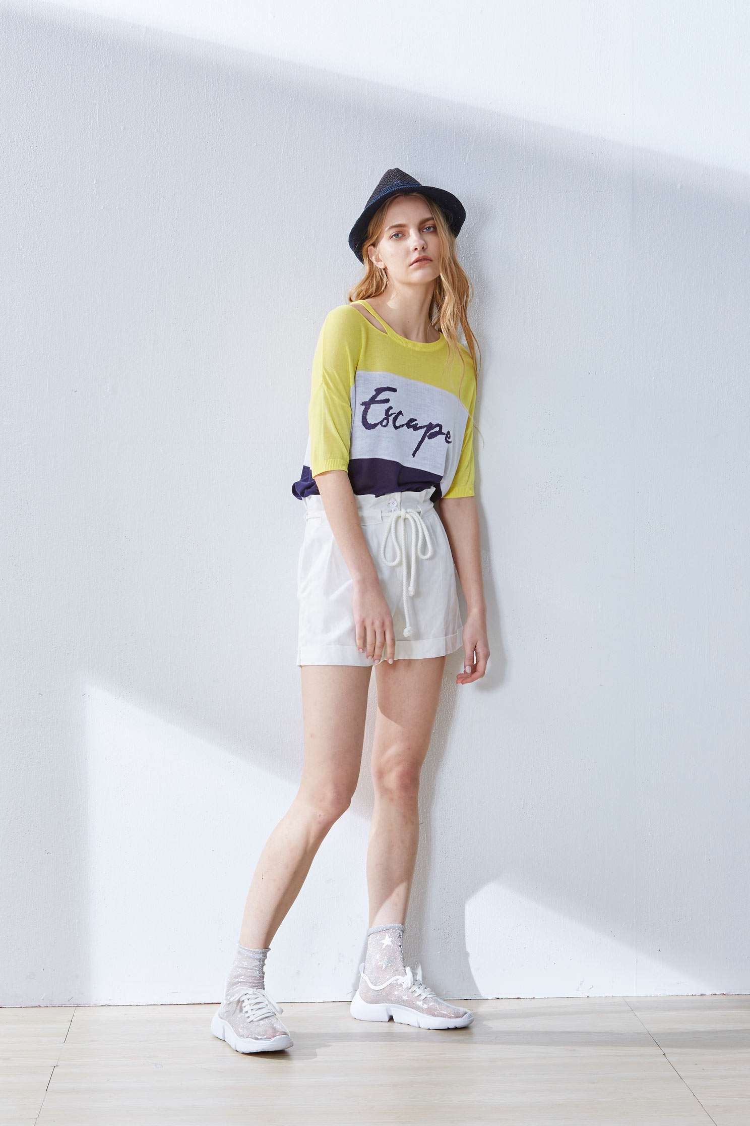 Contrast popular knit top,top,elbowsleevetop,roundnecktop,shortsleevetop,i-select,knitting,knittedtop,knittedtop