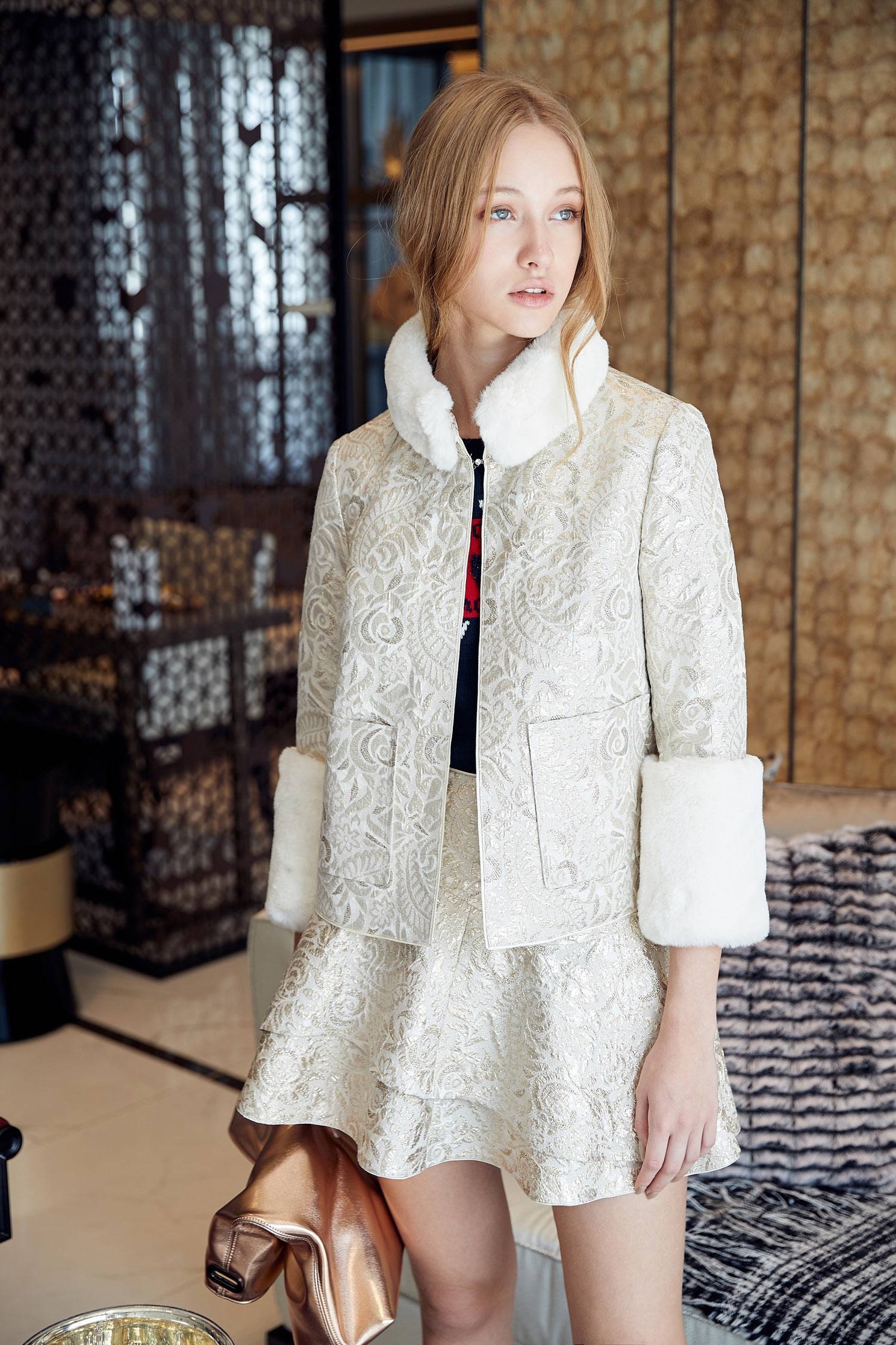 faux fur tirim collar floral jacket,outerwear,longsleeveouterwear