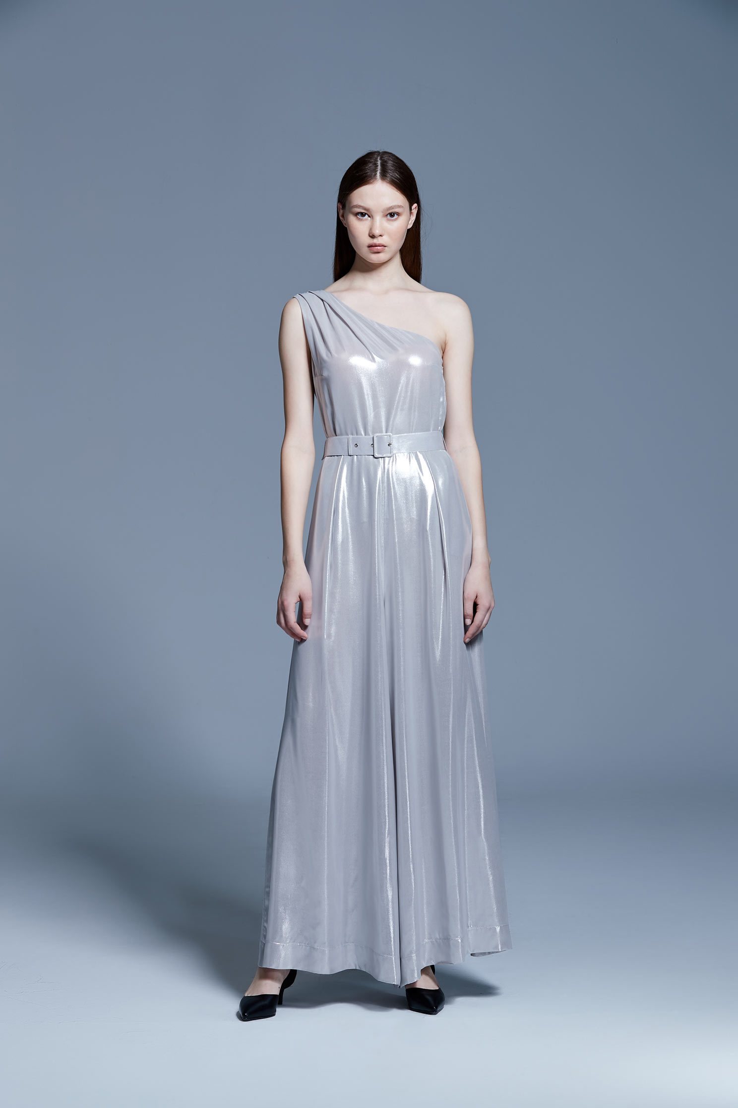 Water-light silver satin jumpsuit wide-leg pants,culottespants,cocktaildress,eveningwear,pants,jumpsuit
