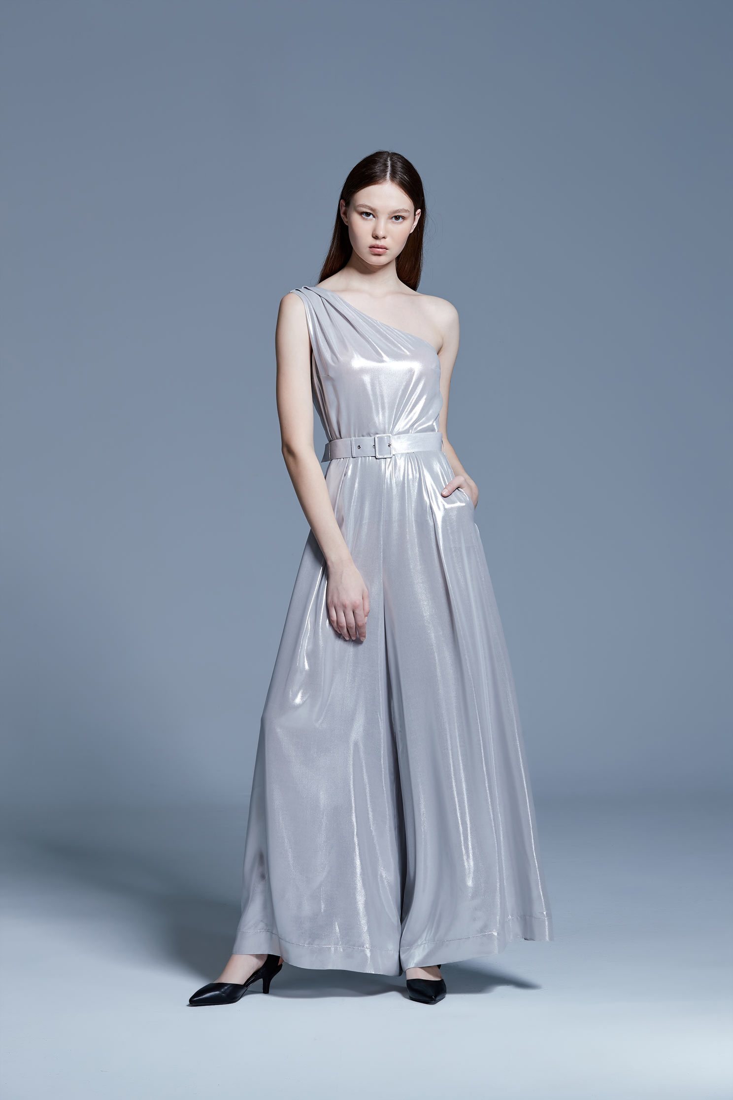 Water-light silver satin jumpsuit wide-leg pants,culottespants,cocktaildress,eveningwear,pants,jumpsuit