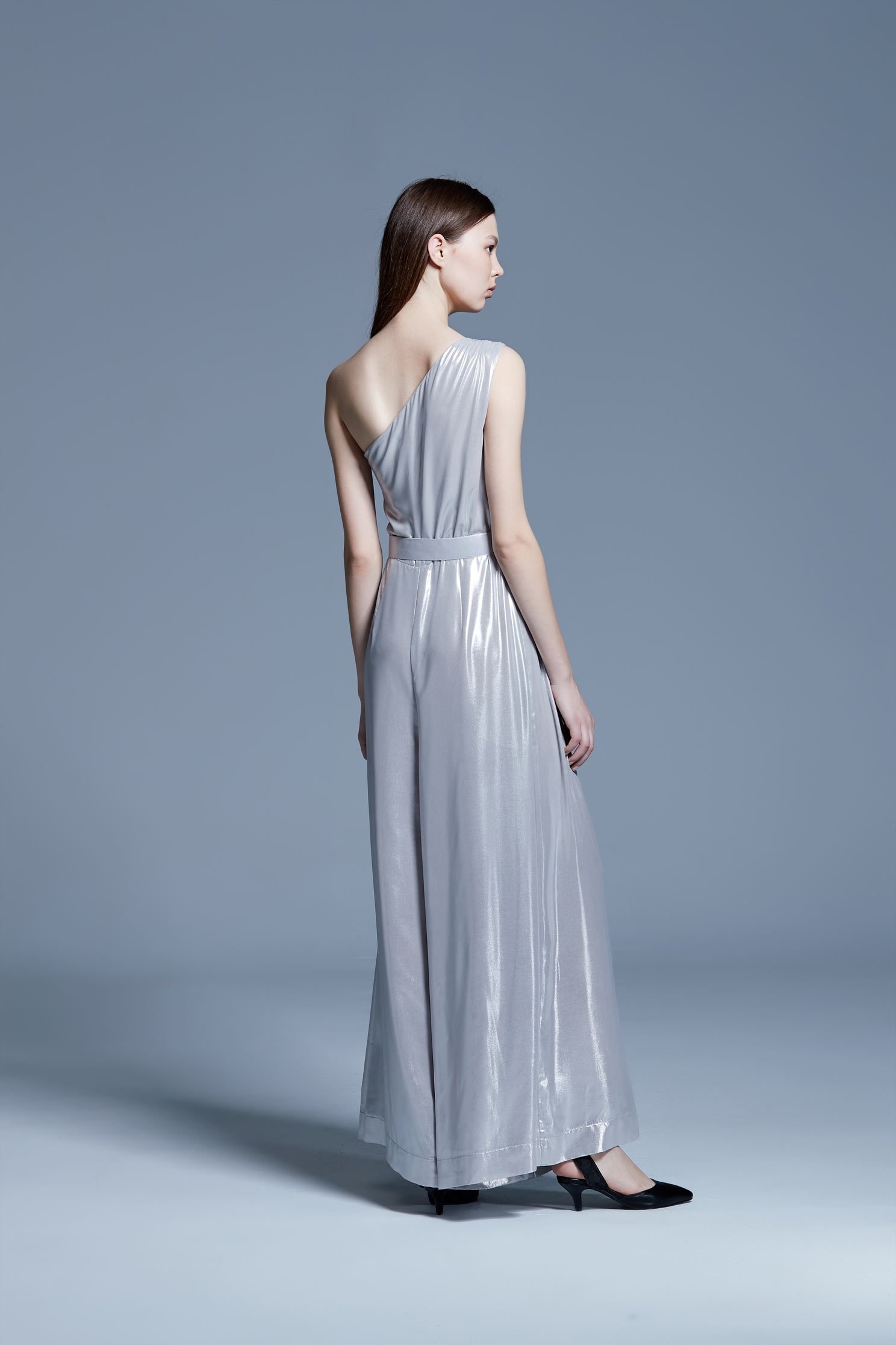 Water-light silver satin jumpsuit wide-leg pants,culottespants,cocktaildress,eveningwear,pants,jumpsuit