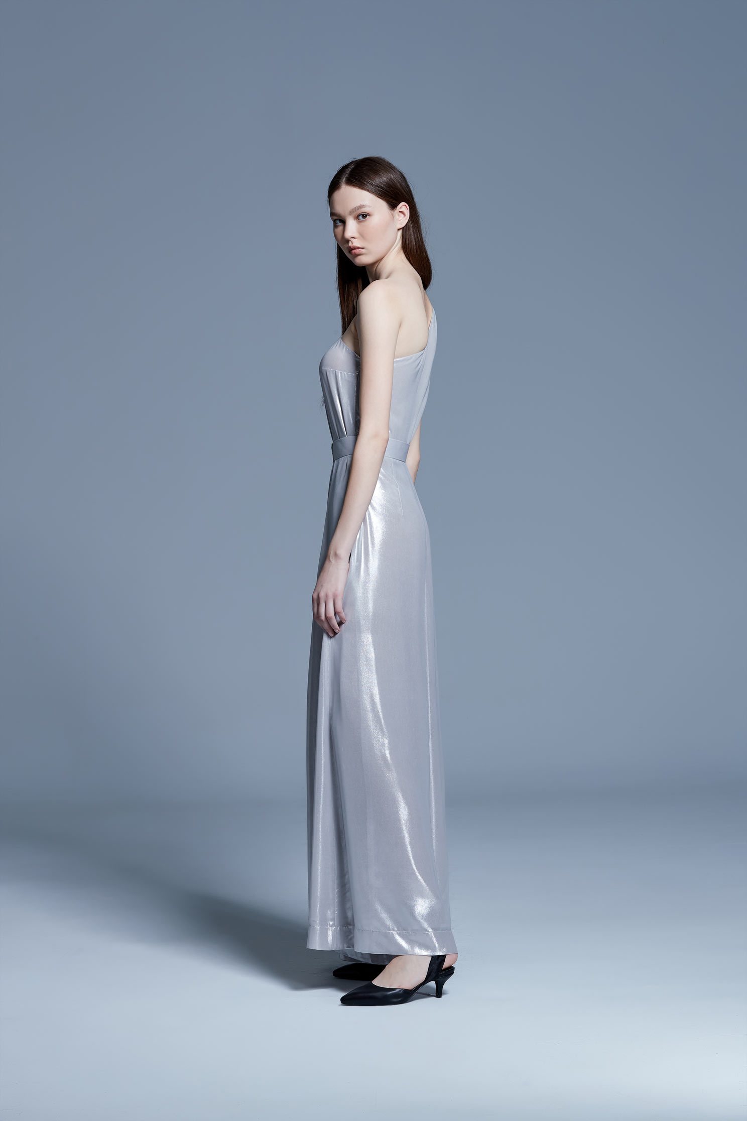 Water-light silver satin jumpsuit wide-leg pants,culottespants,cocktaildress,eveningwear,pants,jumpsuit