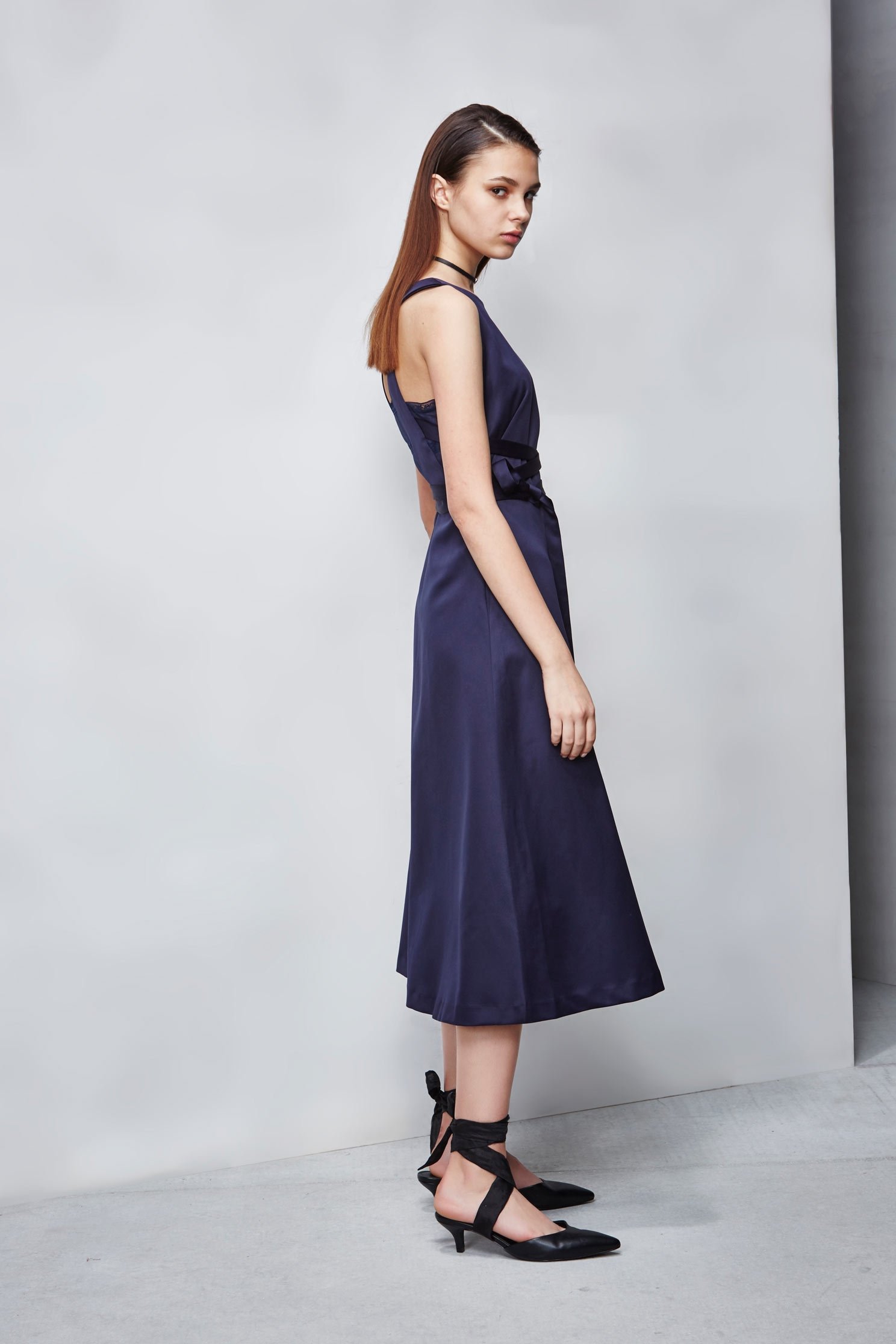 Cross ribbon blue satin dress,Cocktail Dress,無袖洋裝,Evening Wear,Lace,Lace Dress