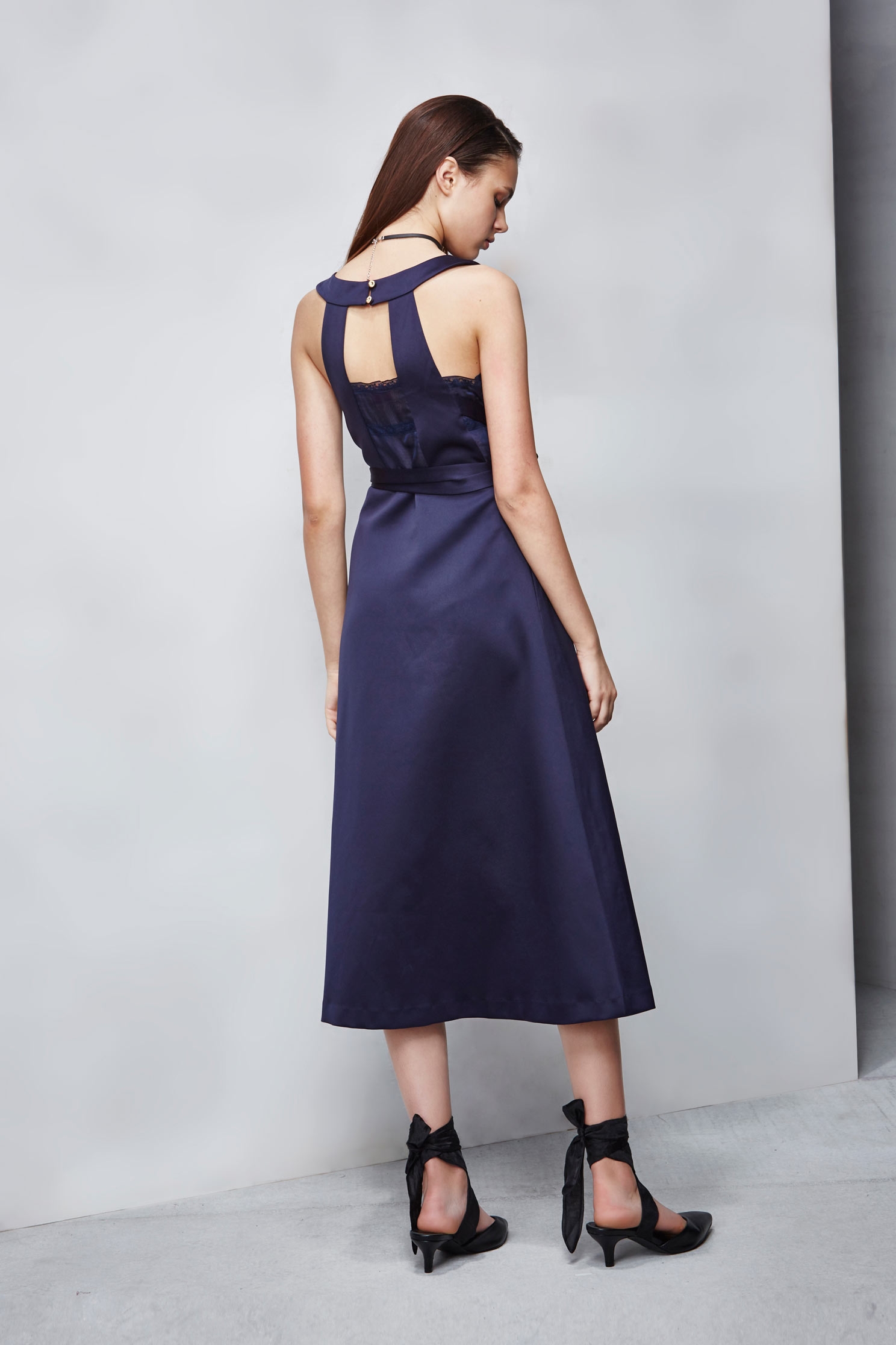 Cross ribbon blue satin dress,Cocktail Dress,無袖洋裝,Evening Wear,Lace,Lace Dress