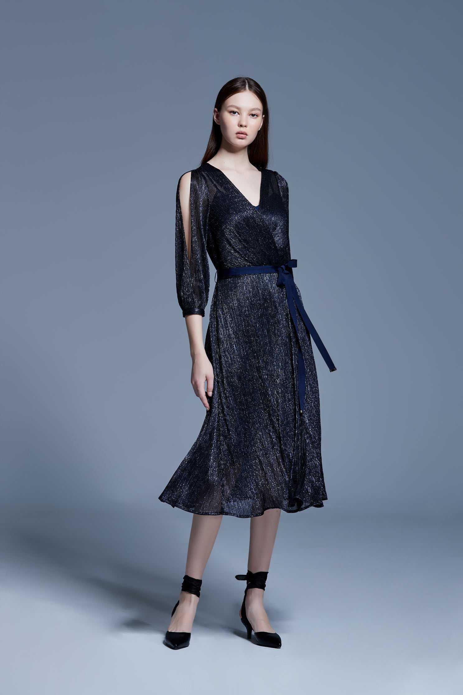 Pleated off-shoulder dress,V-neck dress,Cocktail Dress,Evening Wear,Long dress,長袖洋裝,Black dress