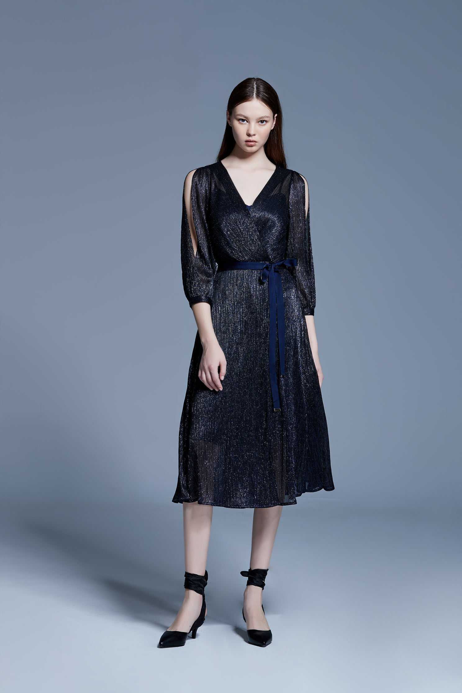 Pleated off-shoulder dress,V-neck dress,Cocktail Dress,Evening Wear,Long dress,長袖洋裝,Black dress