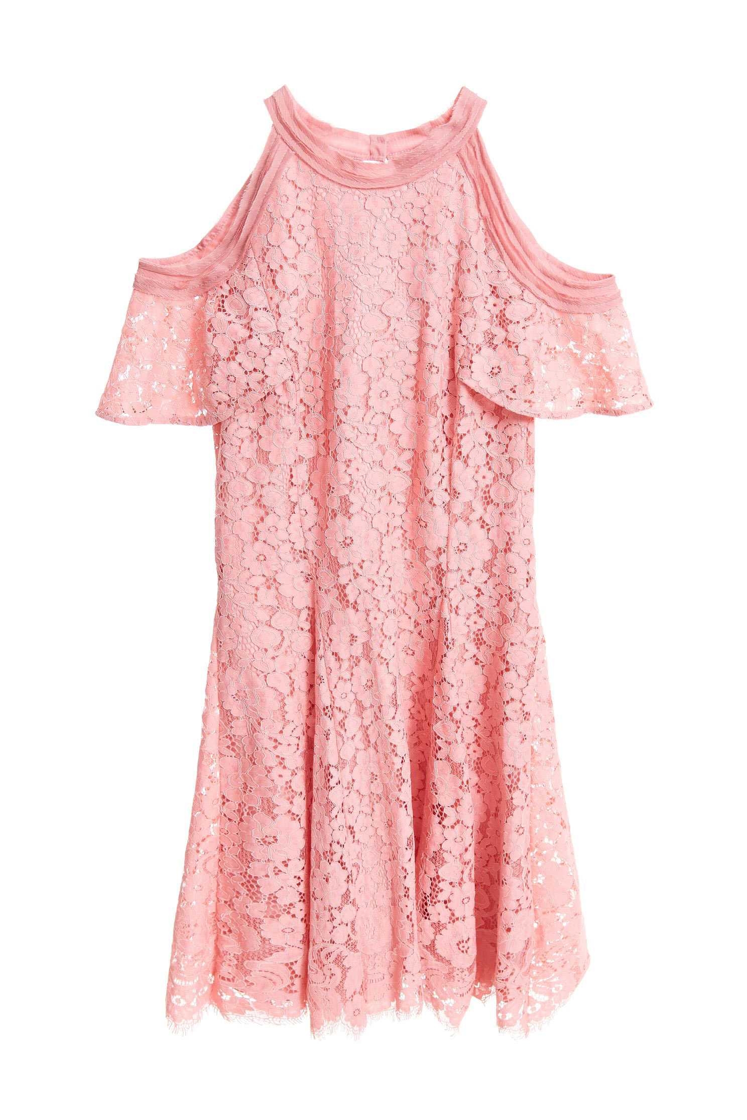 Pink lace off-shoulder short dress,V-neck dress,Cocktail Dress,Evening Wear,Lace,Lace Dress,透膚洋裝