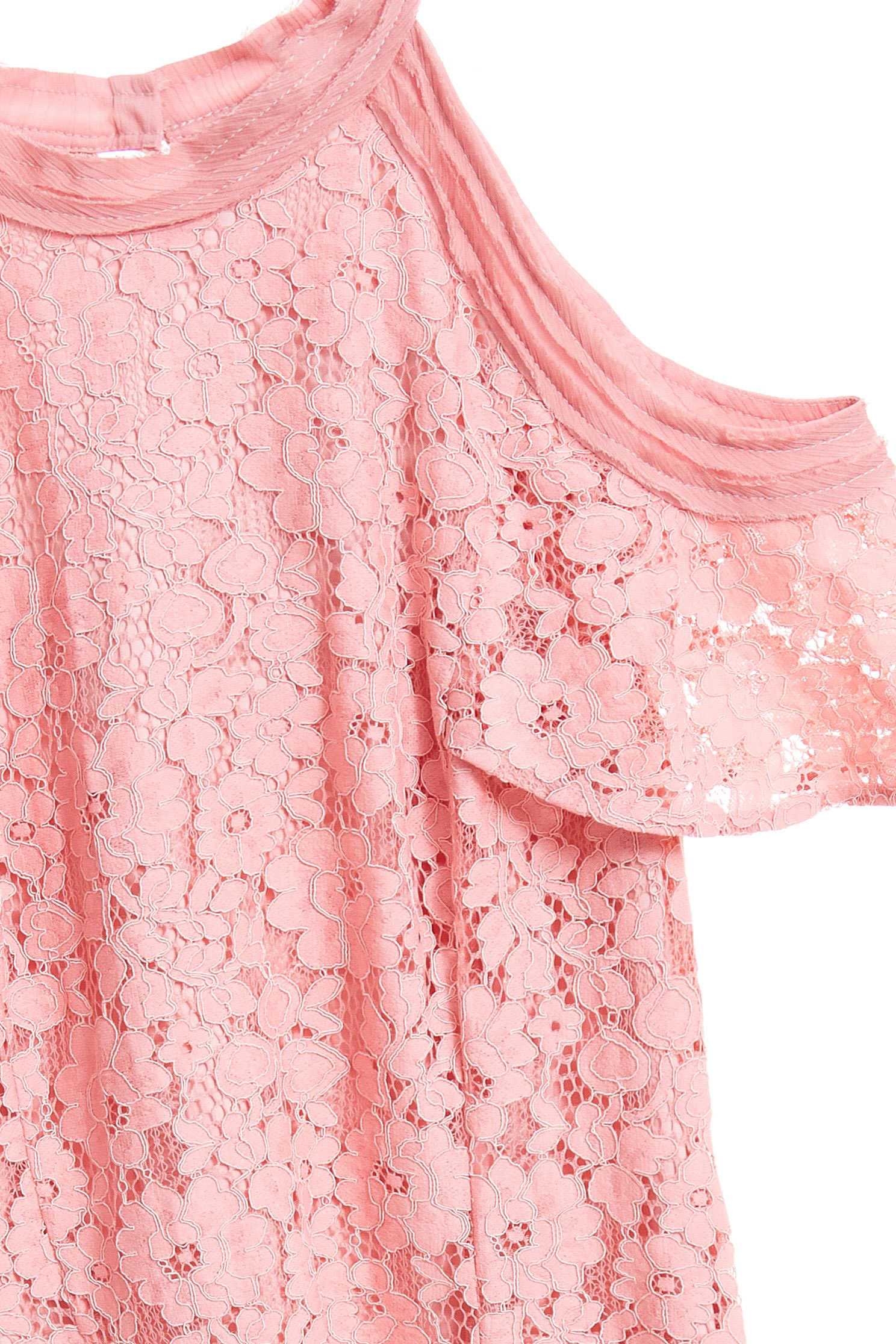 Pink lace off-shoulder short dress,V-neck dress,Cocktail Dress,Evening Wear,Lace,Lace Dress,透膚洋裝