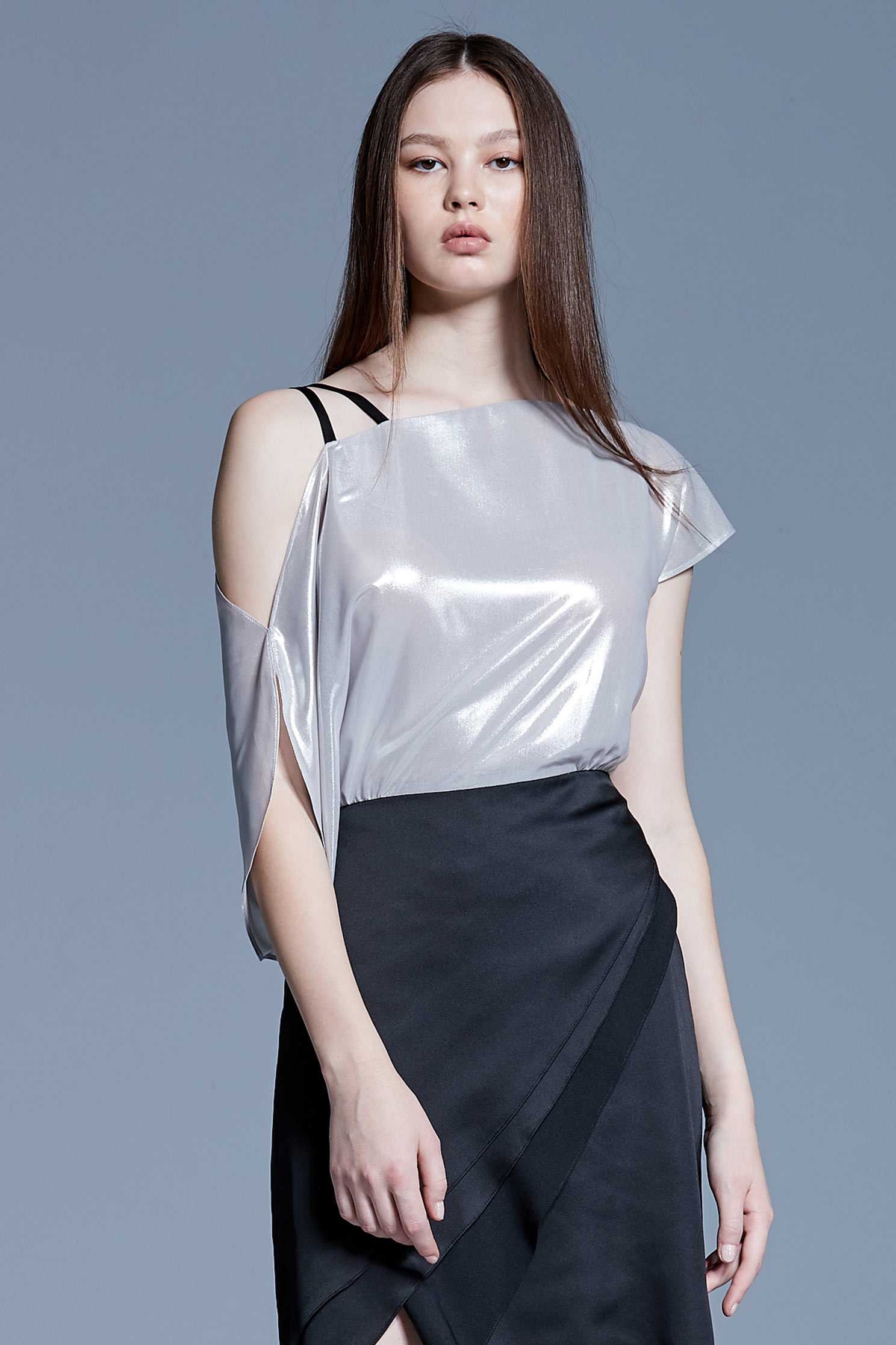 Silver satin stitching one-shoulder short ocean,cocktaildress,eveningwear