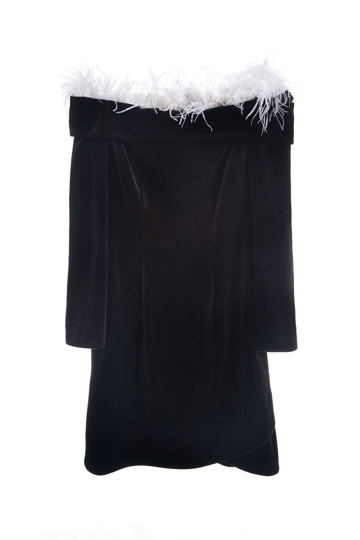 Black velvet feather tube dress,boatneckdress,cocktaildress,eveningwear,longsleevedress,blackdress