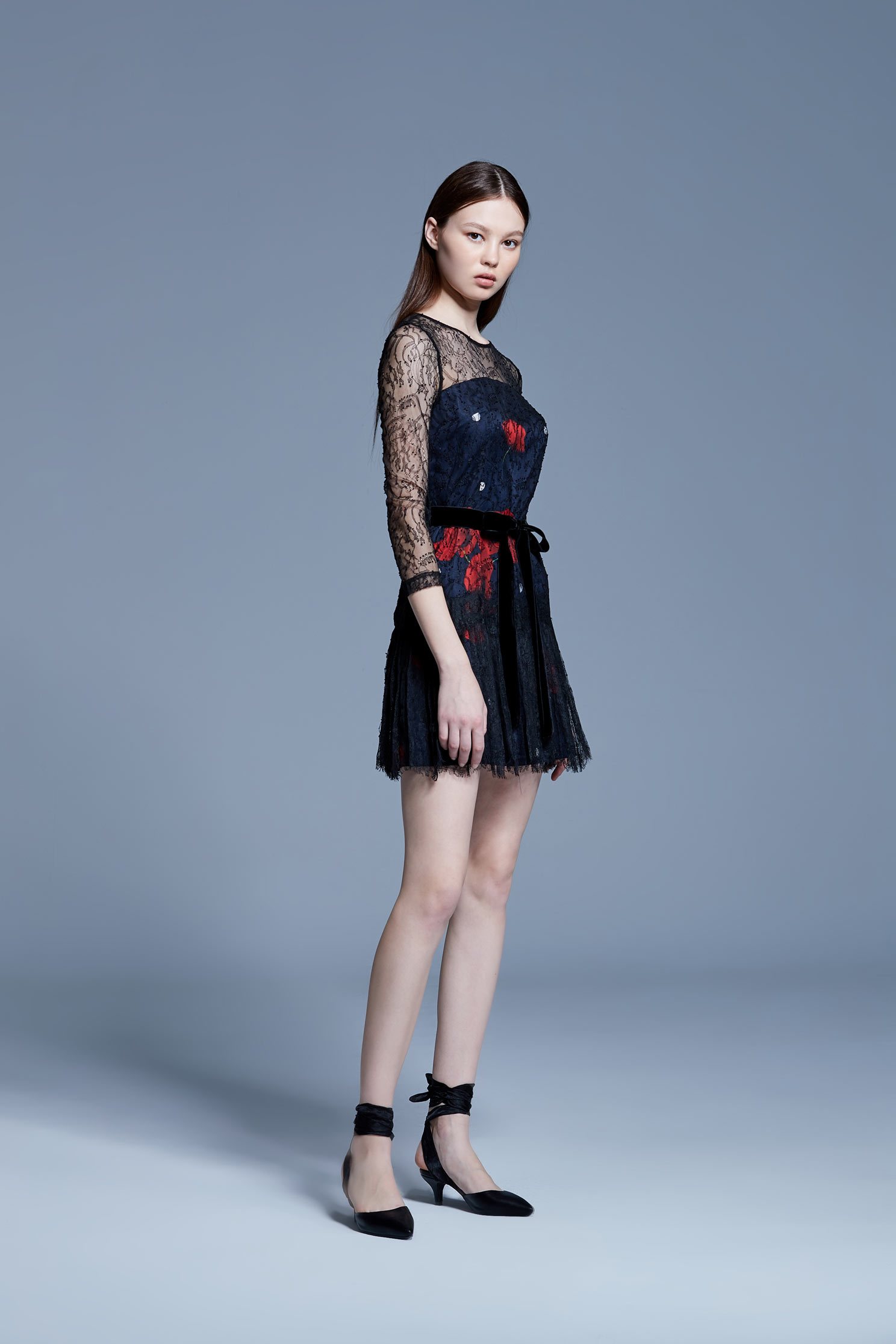 Net yarn stitching printed dress,印花洋裝,Cocktail Dress,Evening Wear,Mesh,透膚洋裝,Black dress