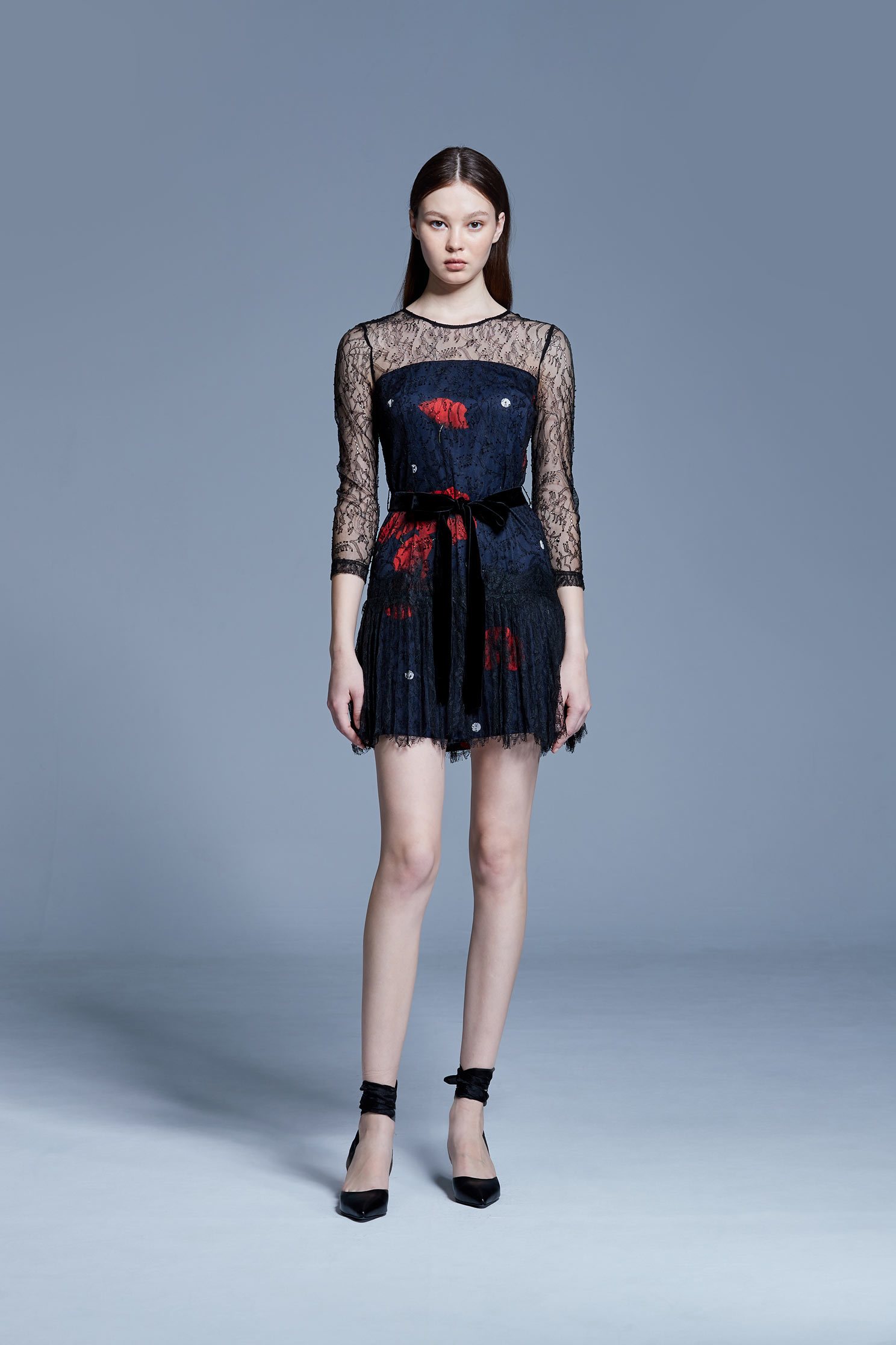 Net yarn stitching printed dress,印花洋裝,Cocktail Dress,Evening Wear,Mesh,透膚洋裝,Black dress