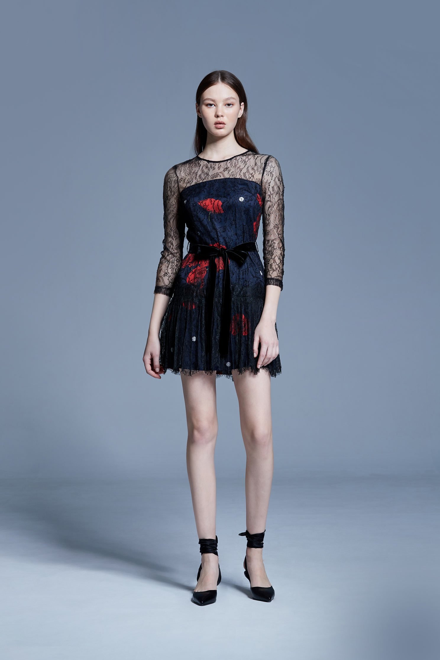 Net yarn stitching printed dress,印花洋裝,Cocktail Dress,Evening Wear,Mesh,透膚洋裝,Black dress