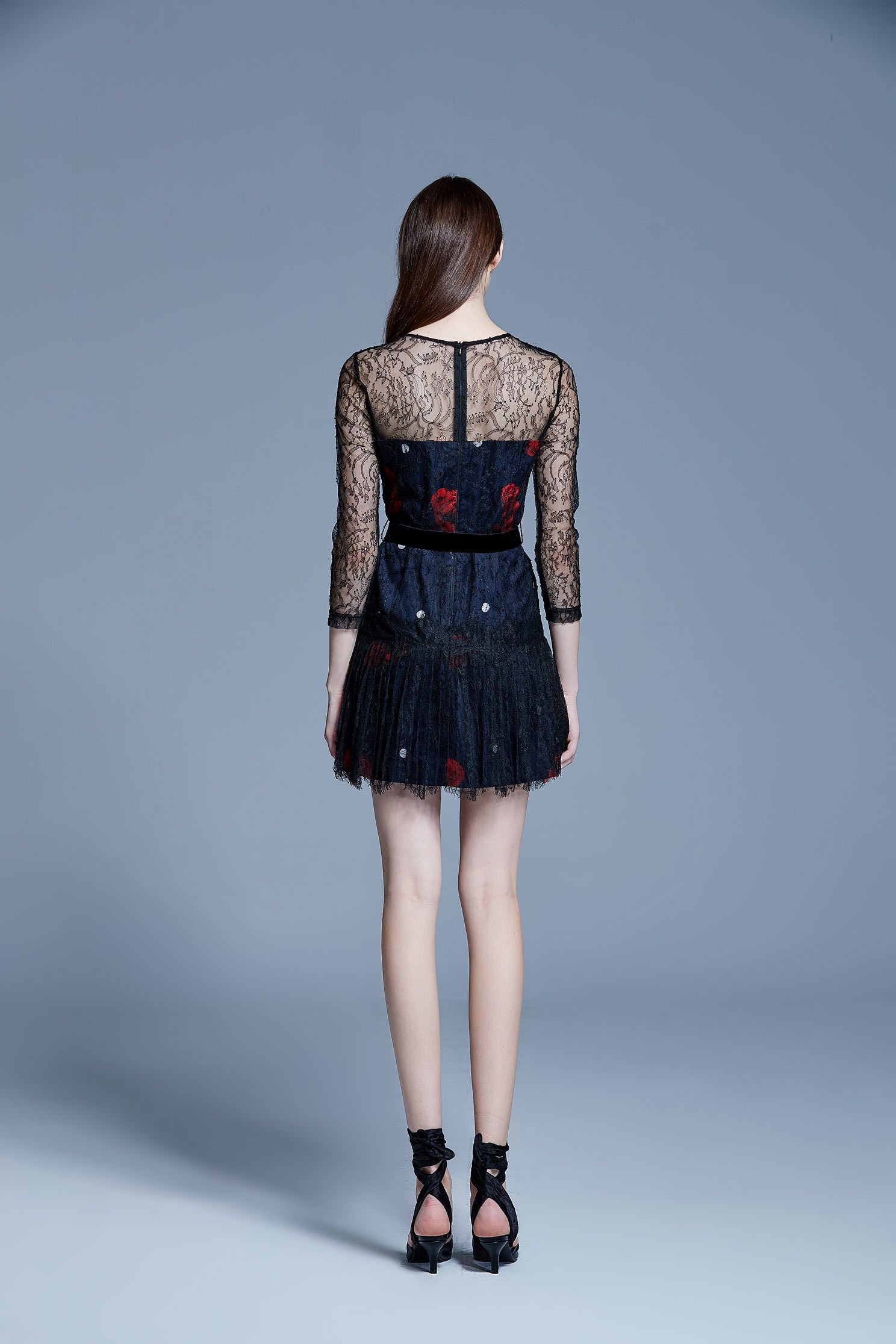 Net yarn stitching printed dress,印花洋裝,Cocktail Dress,Evening Wear,Mesh,透膚洋裝,Black dress