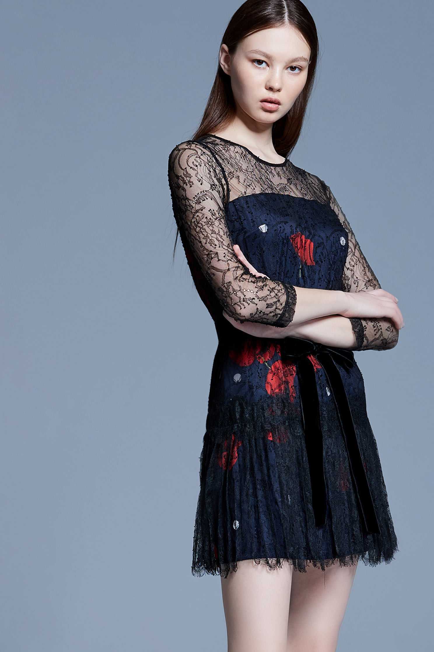 Net yarn stitching printed dress,印花洋裝,Cocktail Dress,Evening Wear,Mesh,透膚洋裝,Black dress