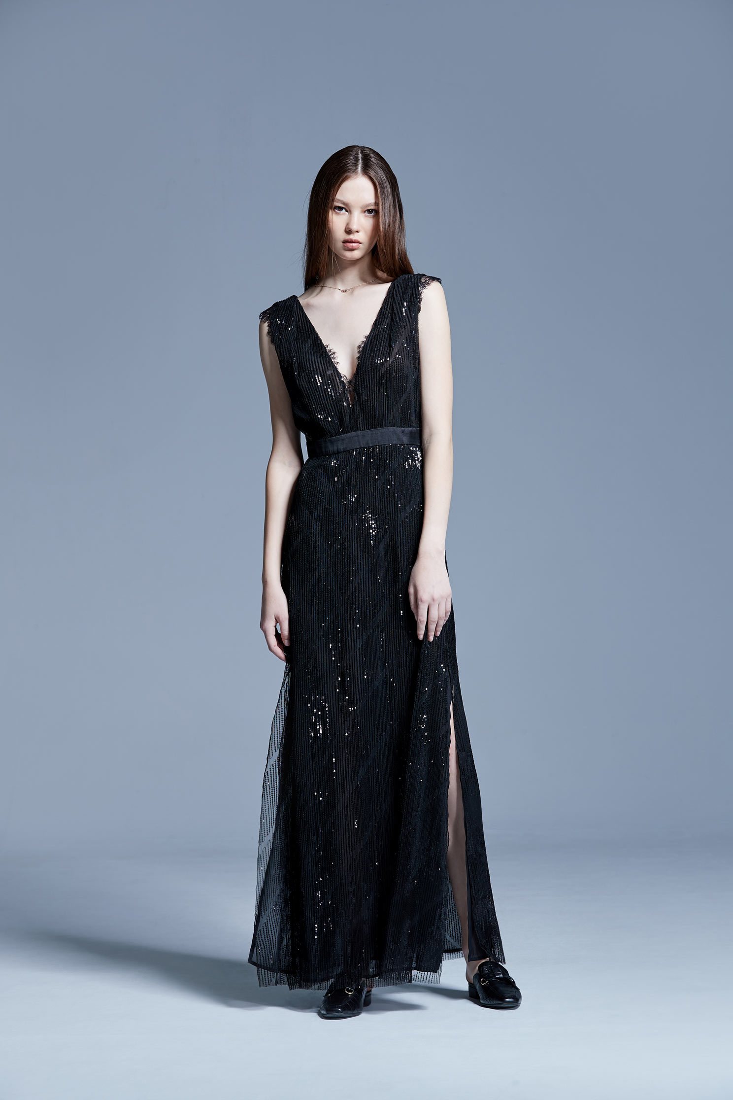 Black sequinlace gown,V-neck dress,Cocktail Dress,無袖洋裝,Evening Wear,Lace,Lace Dress,Long dress,Black dress