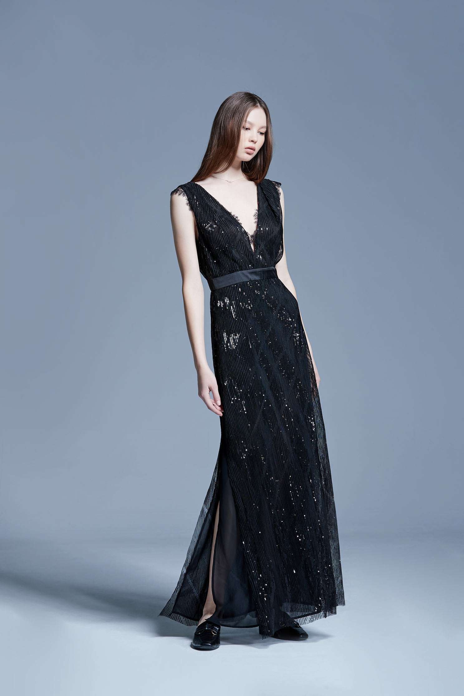 Black sequinlace gown,V-neck dress,Cocktail Dress,無袖洋裝,Evening Wear,Lace,Lace Dress,Long dress,Black dress