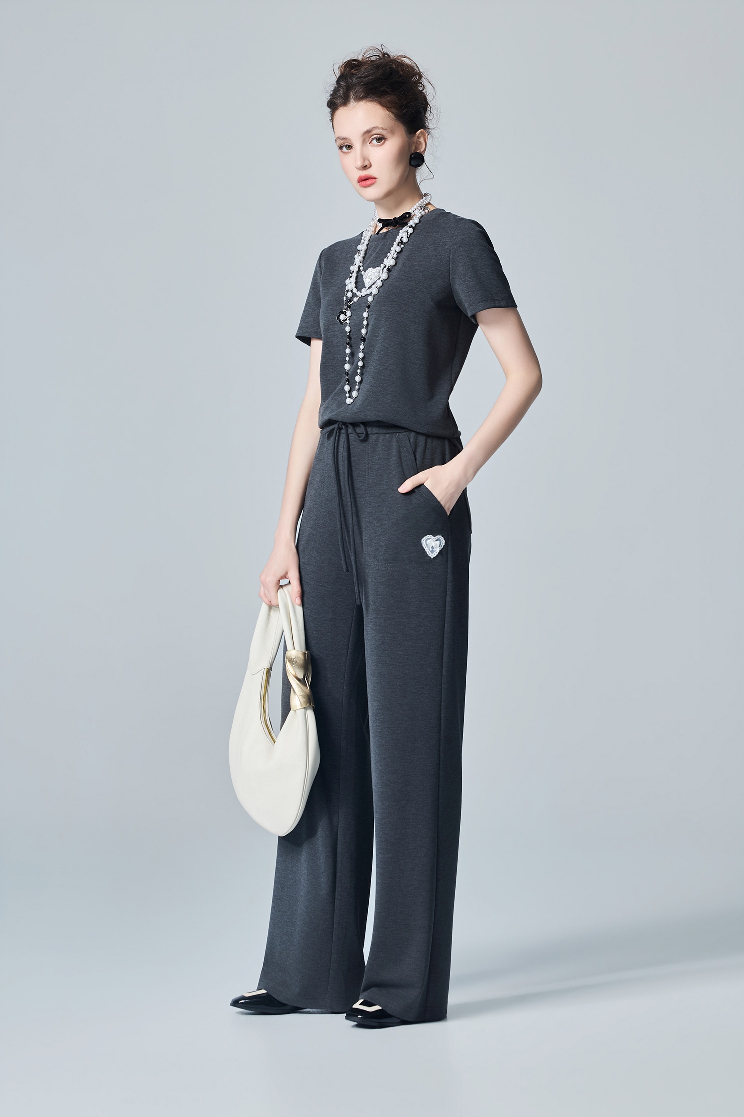 極簡靜謐灰休閒寬腿褲Casual Wide Leg Pants,寬褲,秋冬穿搭,蕾絲,褲子