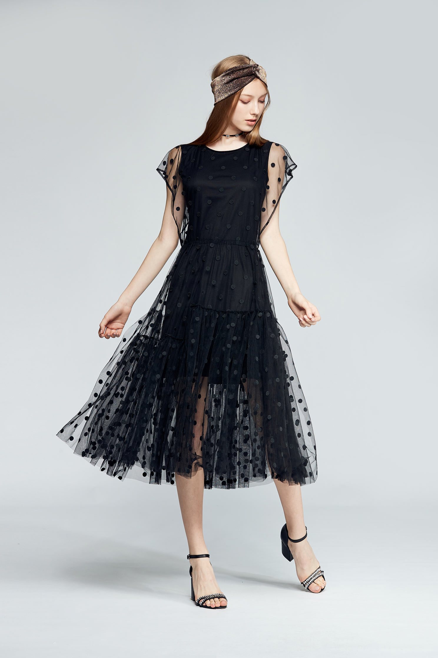 Poka dot design dress,sleevelessdress,cotton,perspectivedress,blackdress