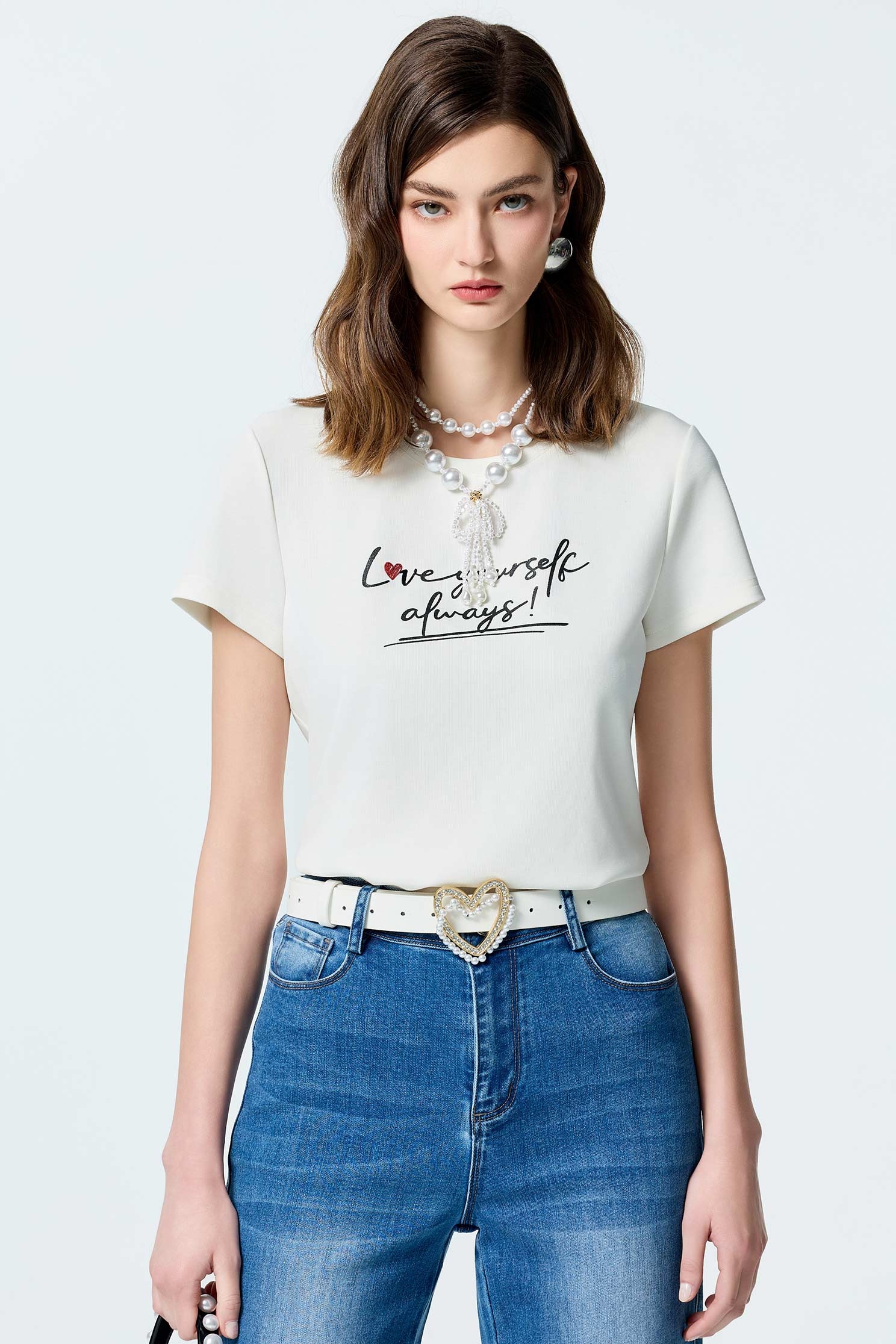 愛自己勵志文印花T恤上衣愛自己勵志文印花T恤上衣,T-Shirt,上衣,刺繡,春夏穿搭,白色上衣