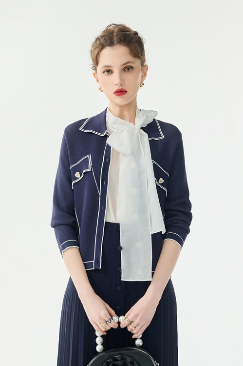 經典海軍藍撞色線針織外套,一般外套