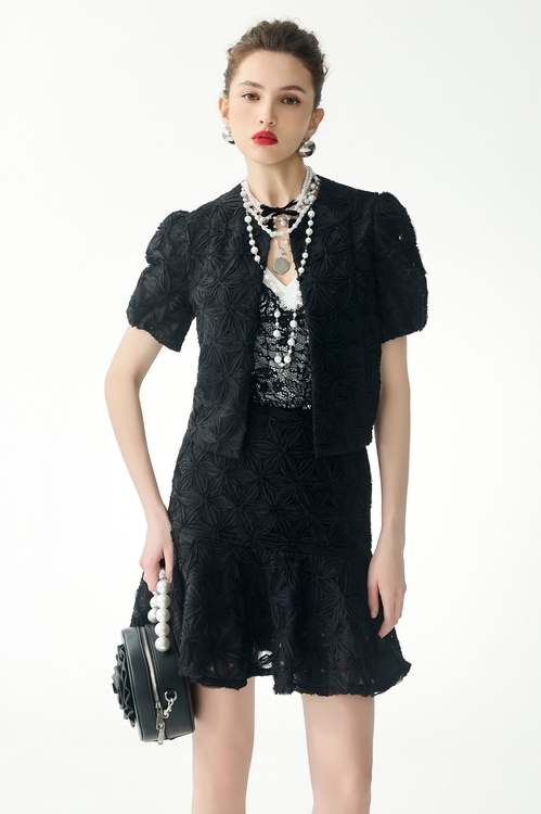 極致黑立體壓花短袖外套,一般外套