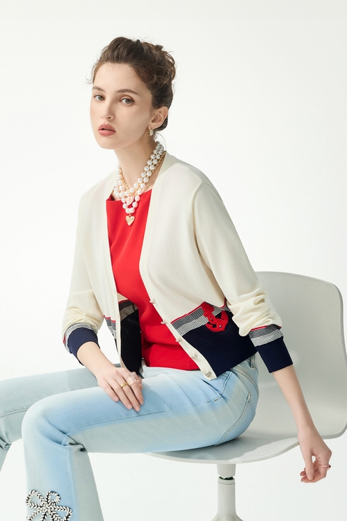 綴刺繡船錨開襟針織外套,一般外套