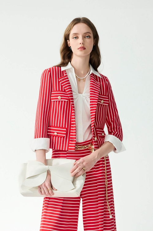 紅梅色小香風配條外套,一般外套