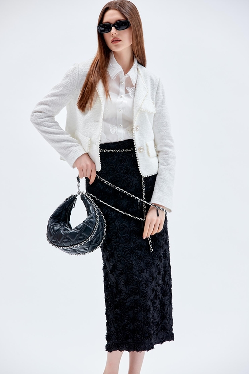 珍珠鏈條彈性短外套,白色外套