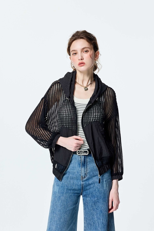 挑洞拼接風衣布連帽外套,連帽外套