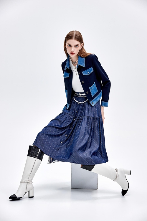 小香風拼接牛仔短外套,毛呢花呢